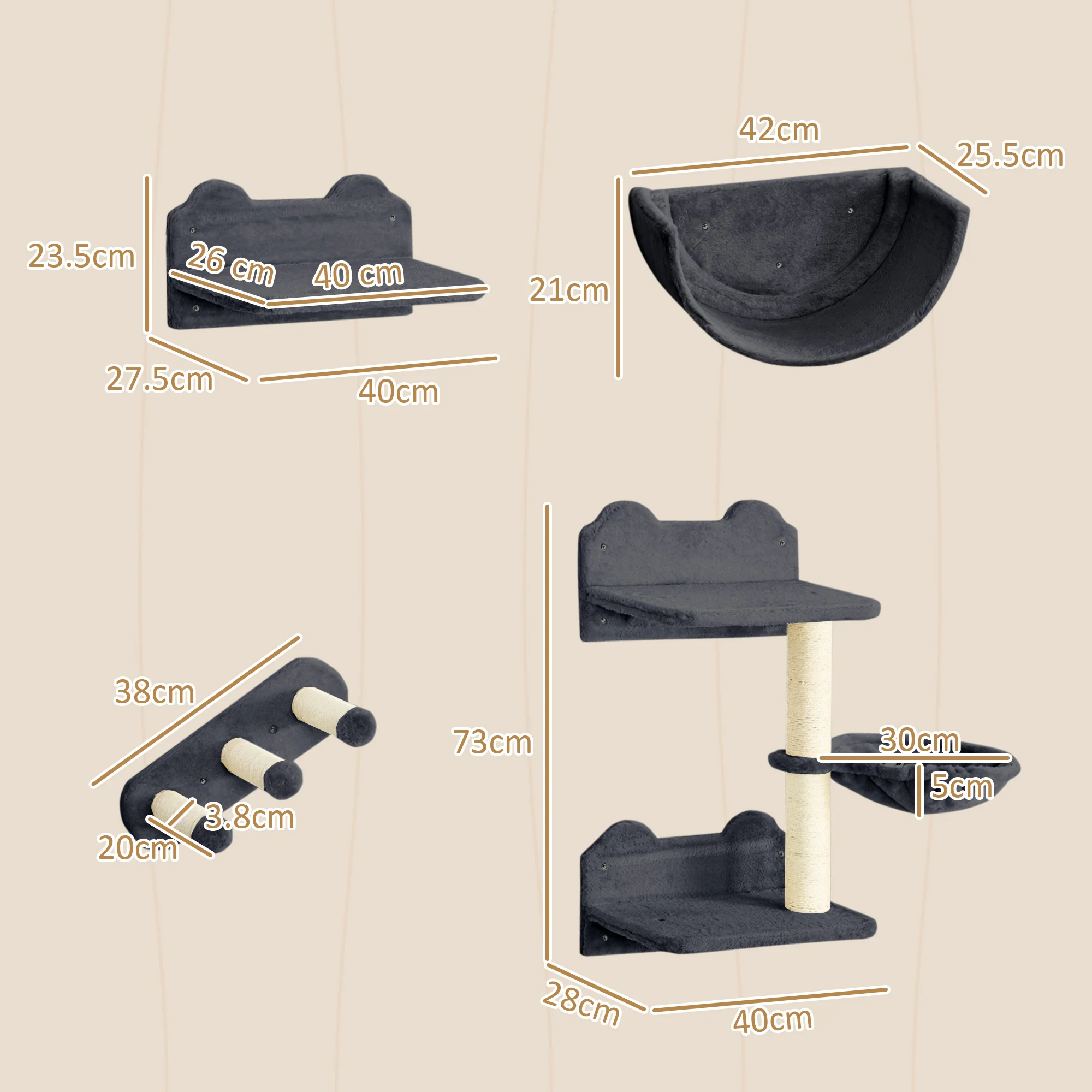 PawHut 4PCs Wall Mounted Cat Tree Cat Wall Shelves W/ Scratching Post - Dark Grey/Brown - Image 5