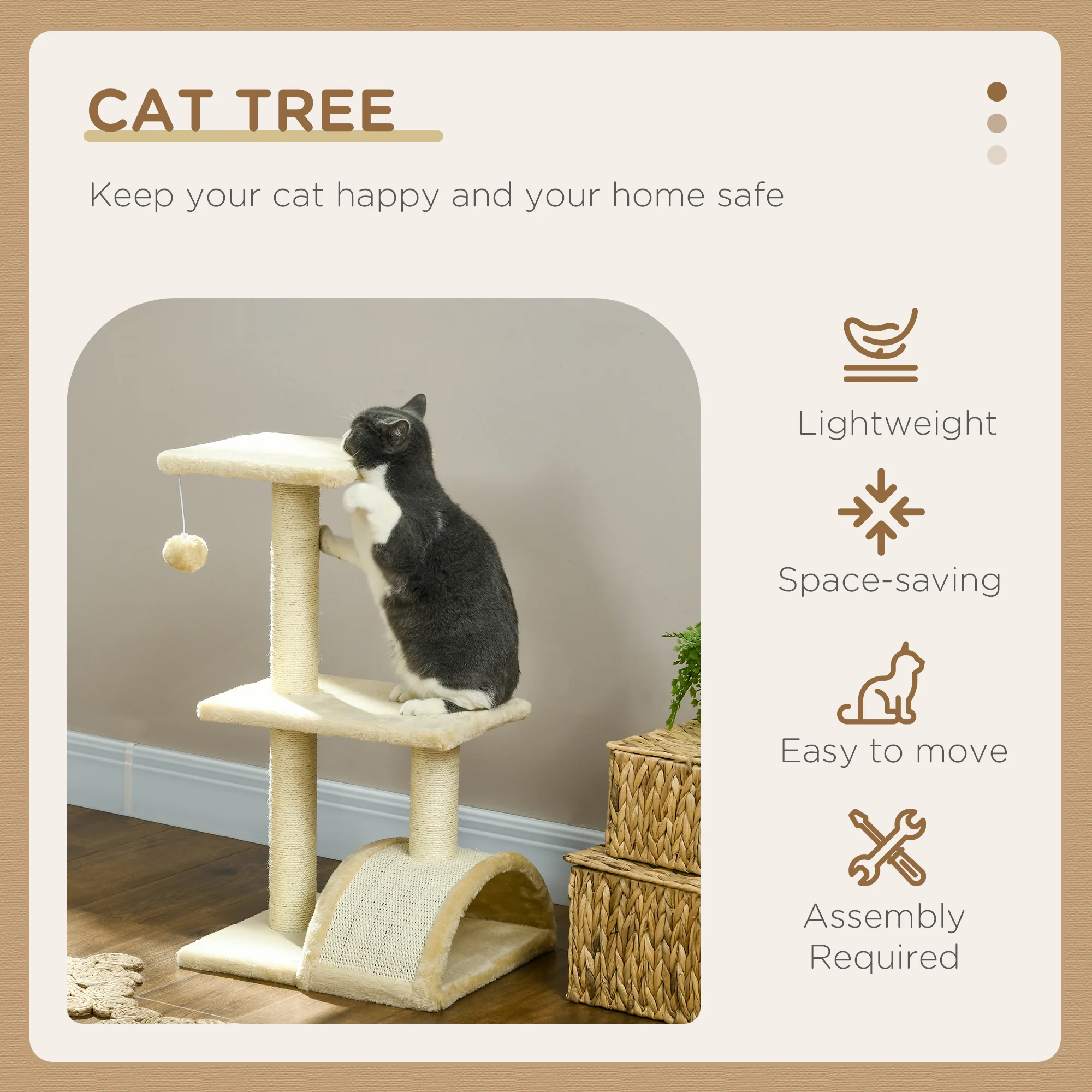 PawHut 72cm Cat Tree Climbing Tower With Sisal Scratching Post - Cream White - Image 3