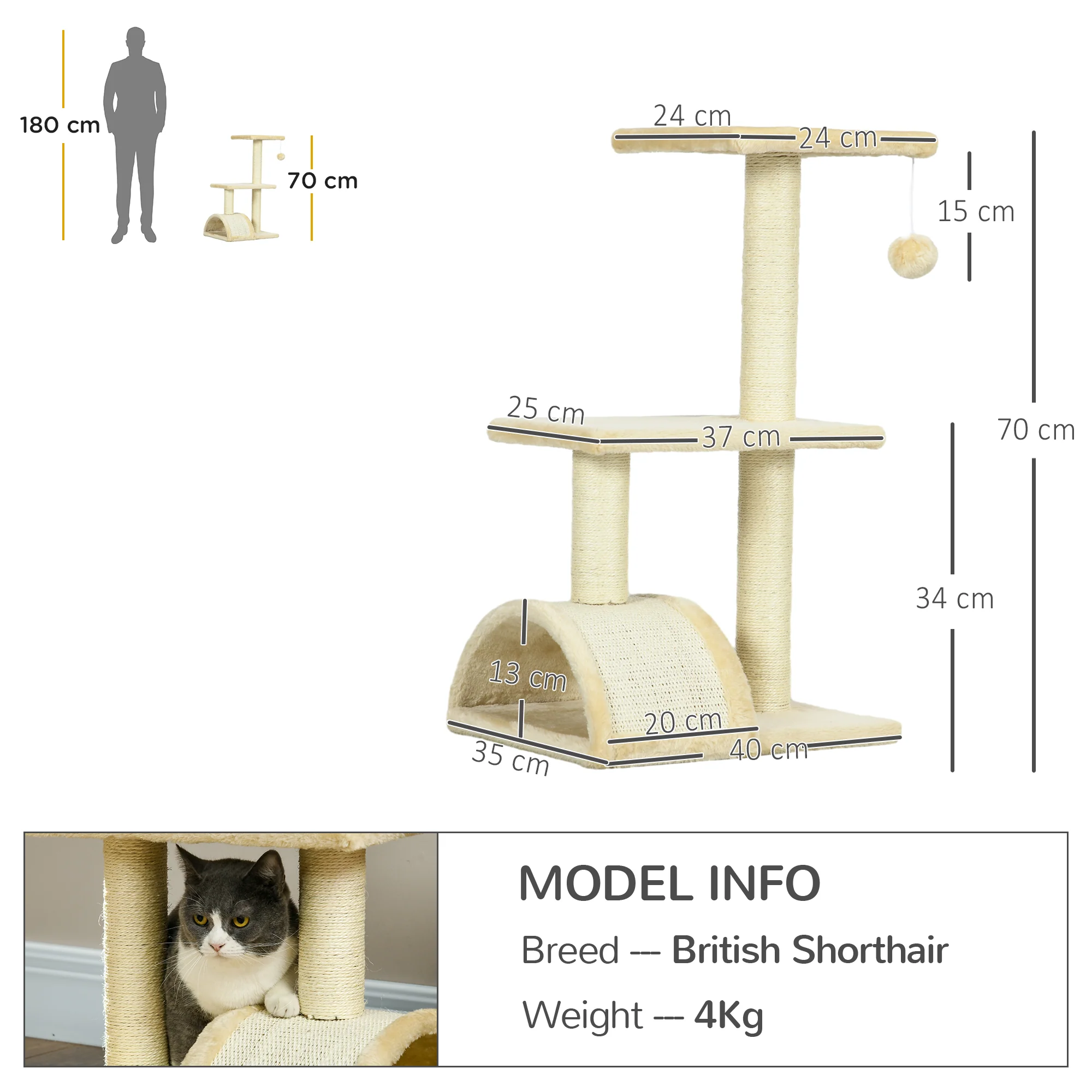 PawHut 72cm Cat Tree Climbing Tower With Sisal Scratching Post - Cream White - Image 5