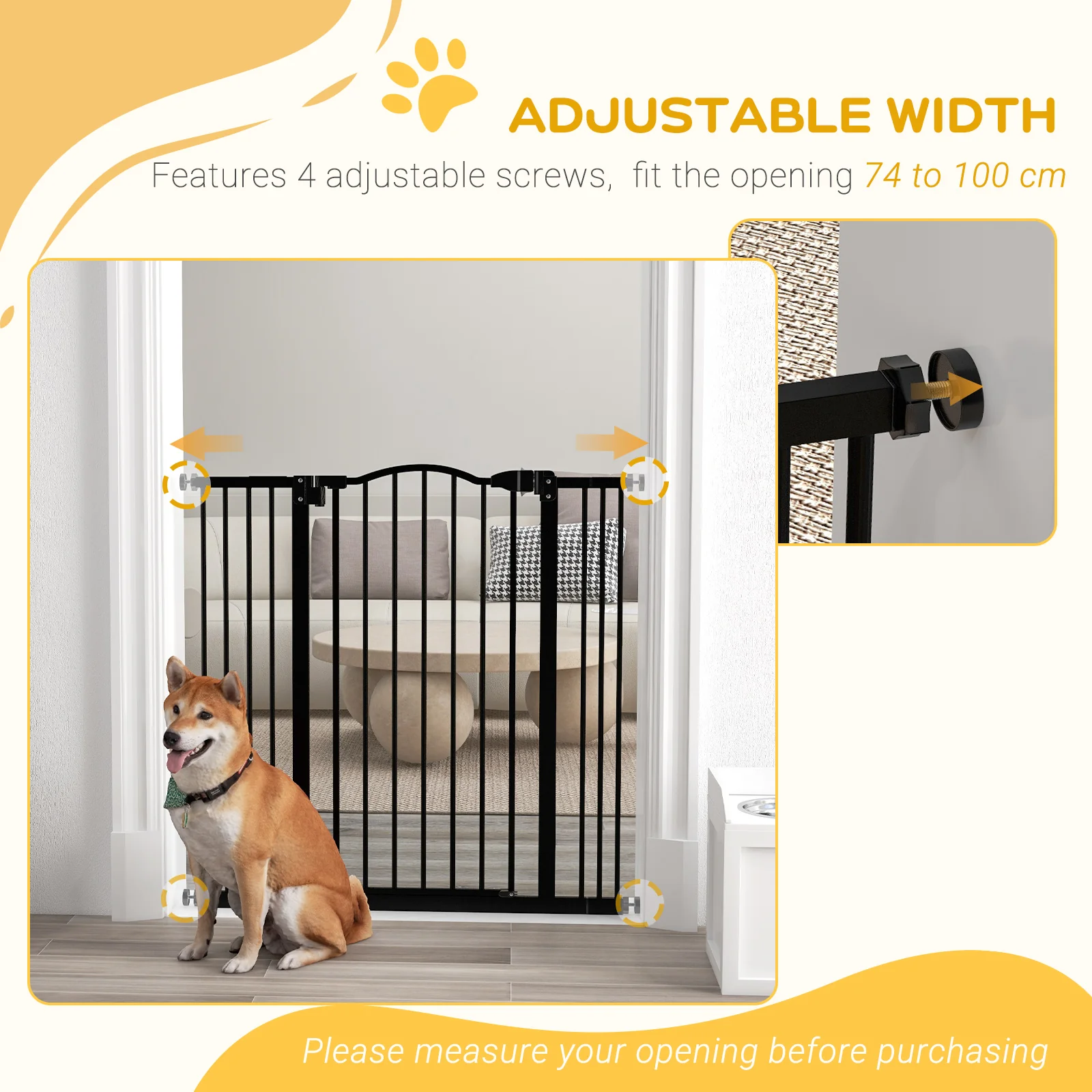 PawHut 74-100cm Adjustable Metal Pet Gate Safety Barrier w/Auto-Close Door Black - Image 7