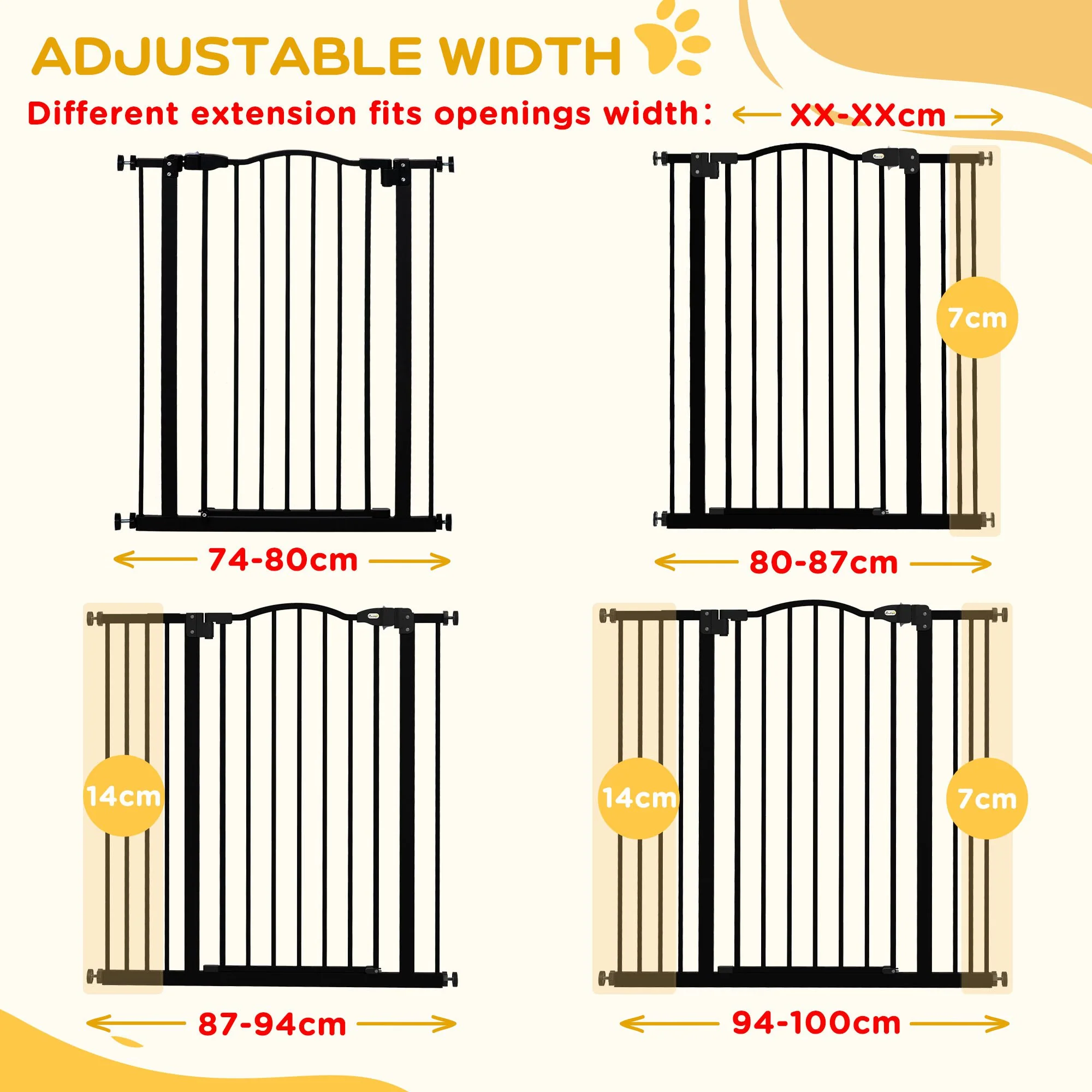 PawHut 74-100cm Adjustable Metal Pet Gate Safety Barrier w/Auto-Close Door Black - Image 8