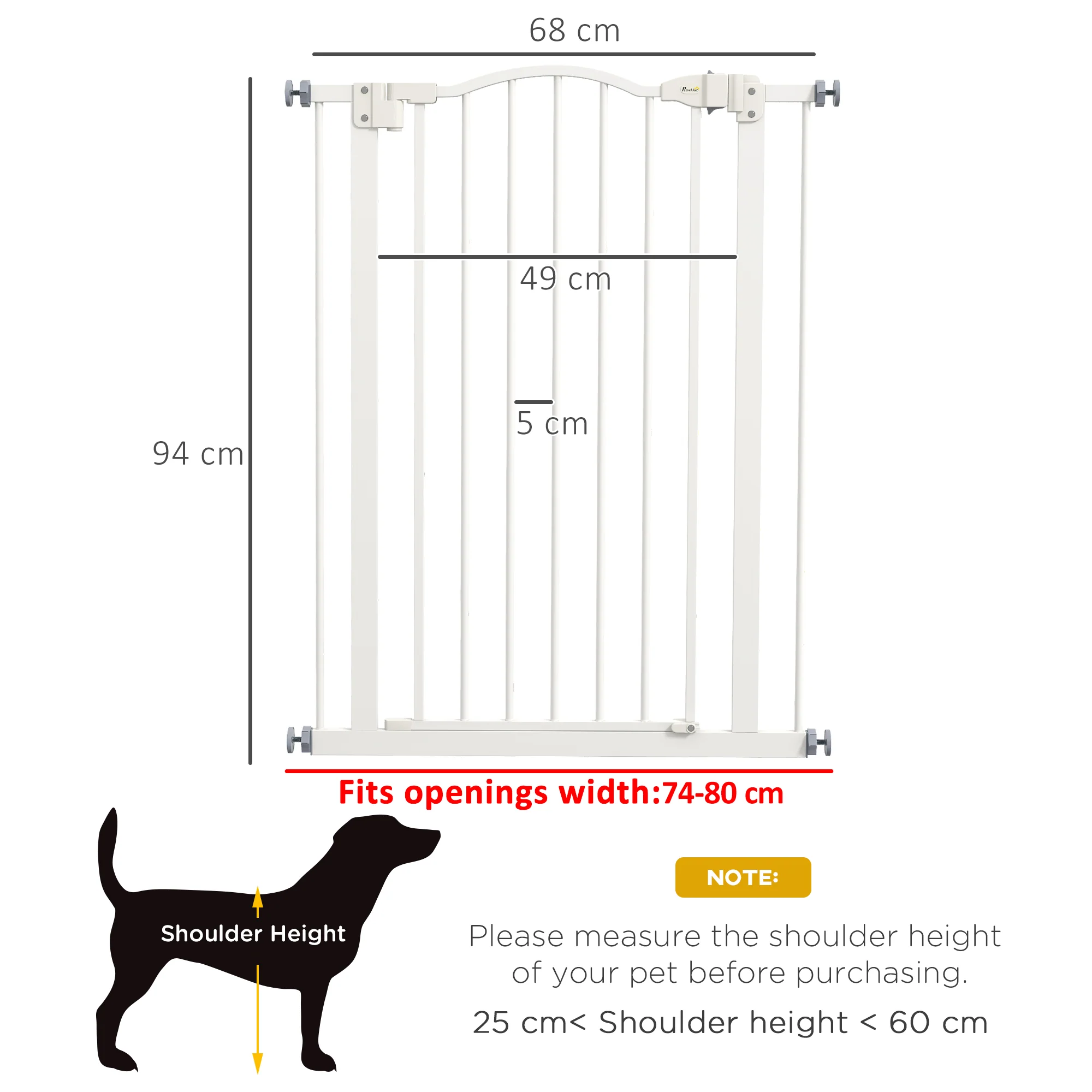 PawHut 74-80cm Adjustable Metal Pet Gate Safety Barrier w/ Auto-Close Door White - Image 5