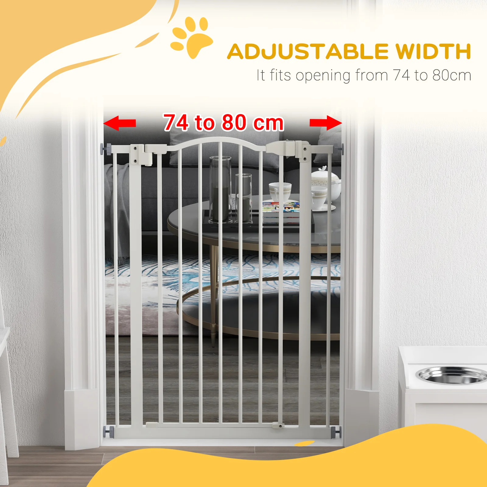 PawHut 74-80cm Adjustable Metal Pet Gate Safety Barrier w/ Auto-Close Door White - Image 7
