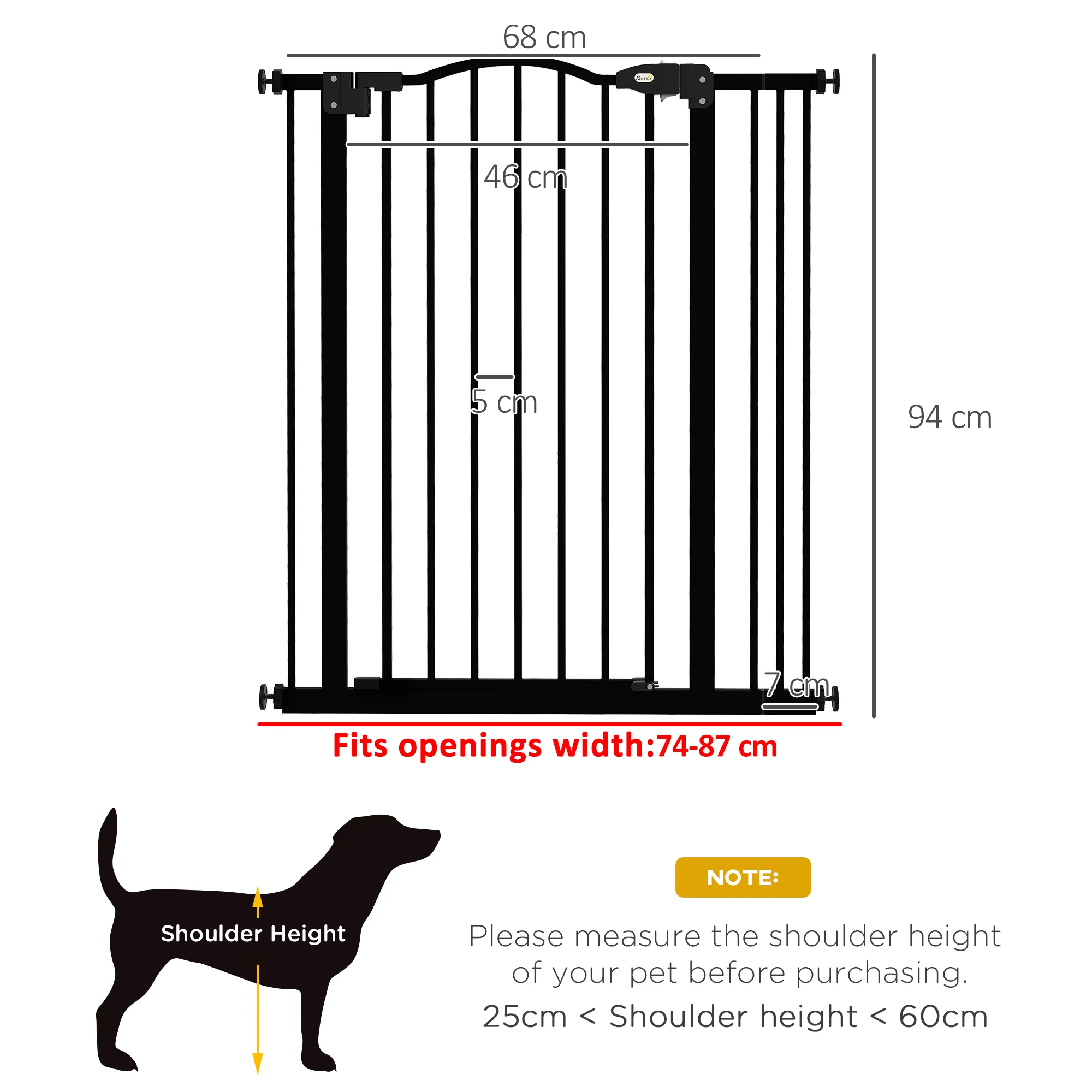 PawHut 74-87cm Adjustable Metal Pet Gate Safety Barrier w/ Auto-Close Door Black - Image 5