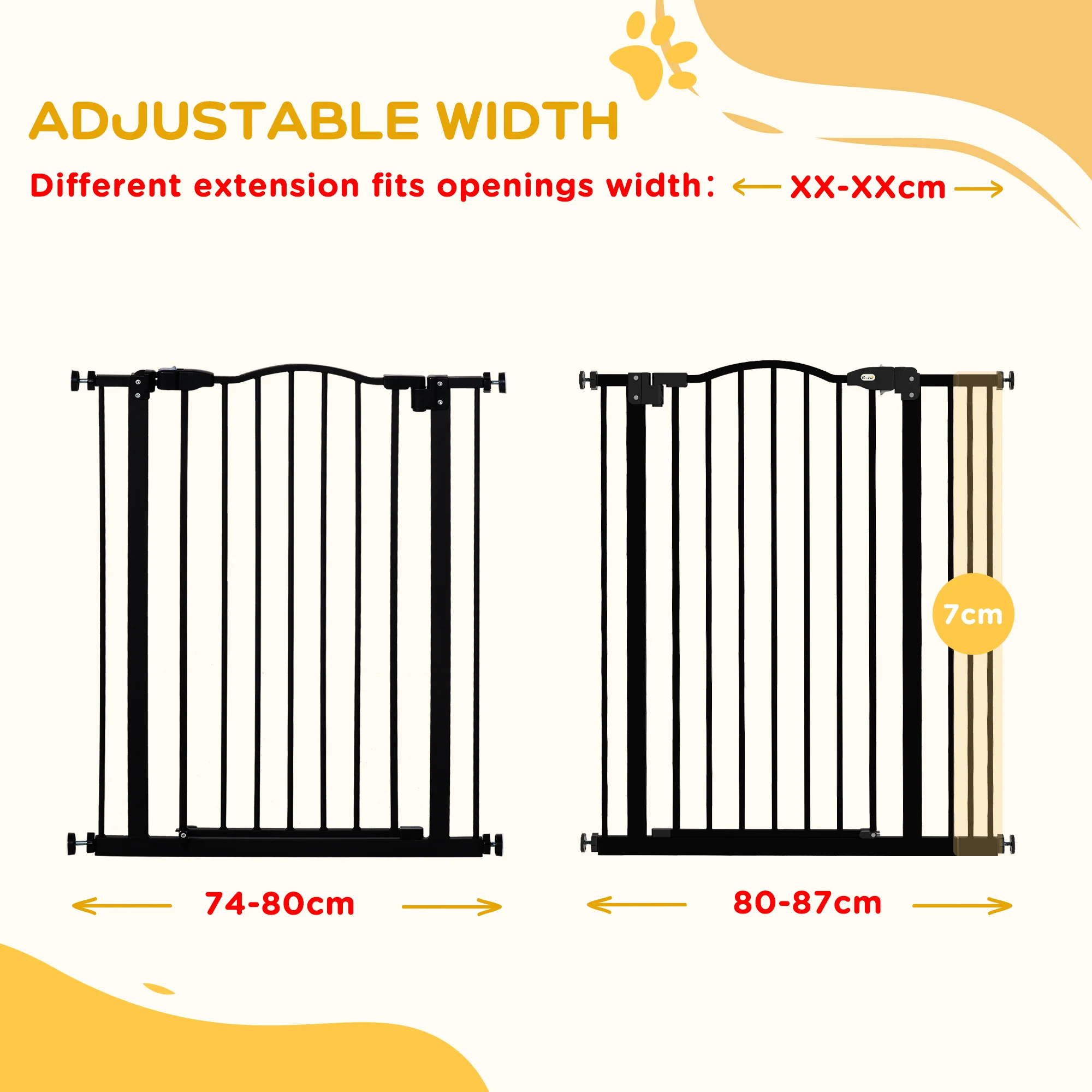 PawHut 74-87cm Adjustable Metal Pet Gate Safety Barrier w/ Auto-Close Door Black - Image 7