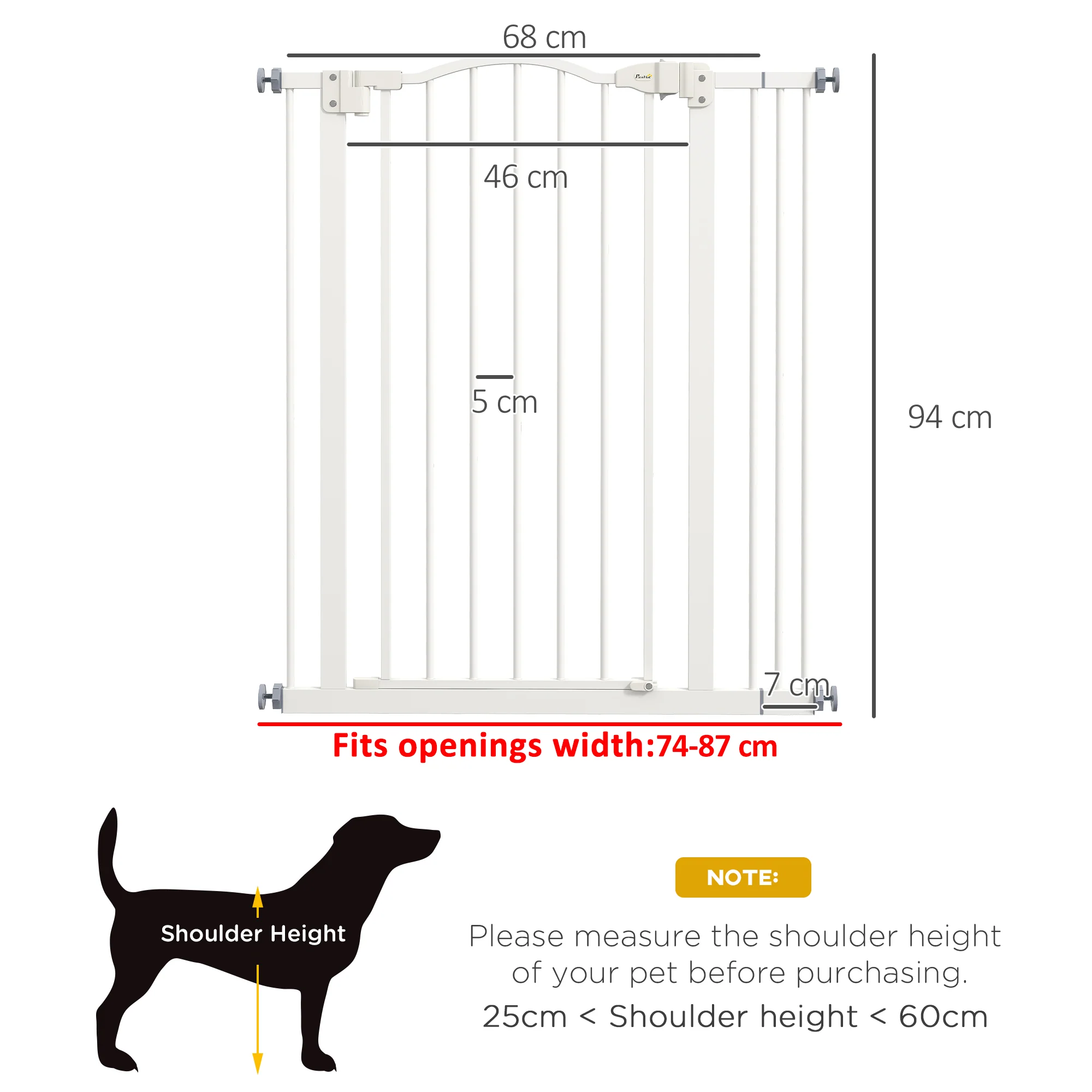 PawHut 74-87cm Adjustable Metal Pet Gate Safety Barrier w/ Auto-Close Door White - Image 5