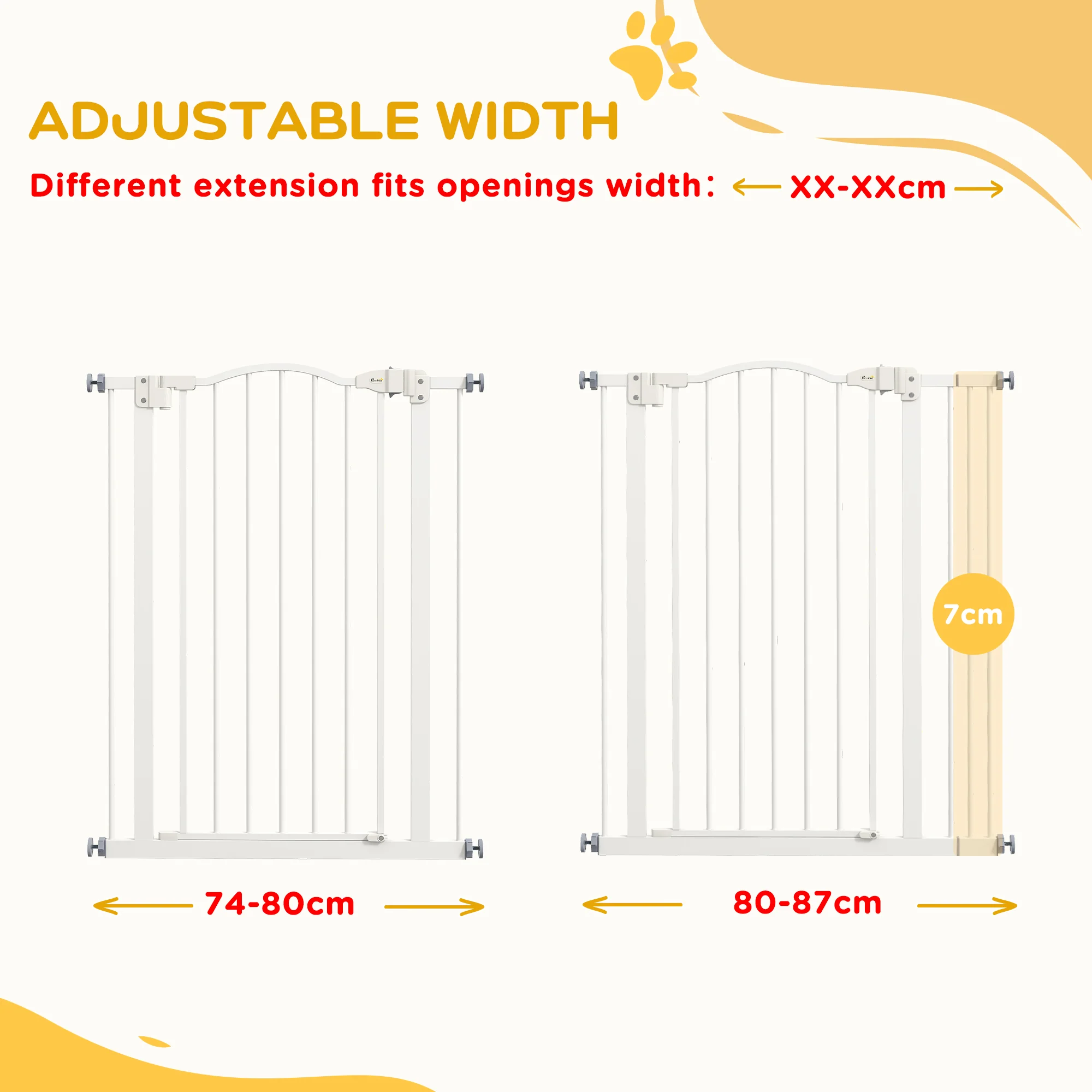 PawHut 74-87cm Adjustable Metal Pet Gate Safety Barrier w/ Auto-Close Door White - Image 7