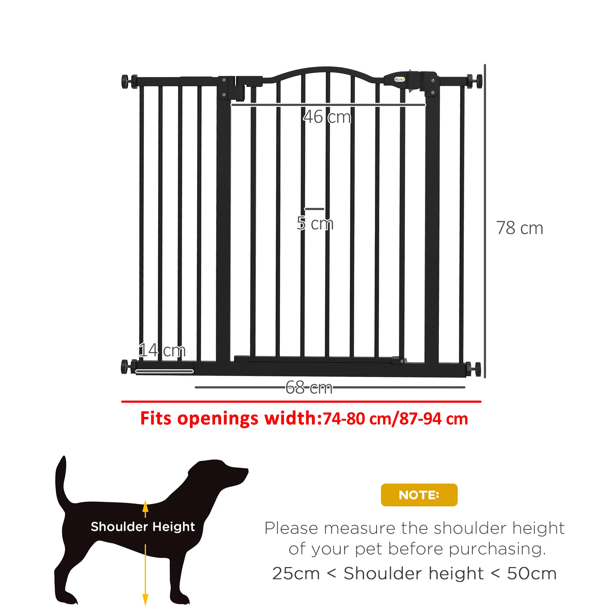 PawHut 74-94cm Adjustable Metal Pet Gate Safety Barrier w/ Auto-Close Black - Image 5