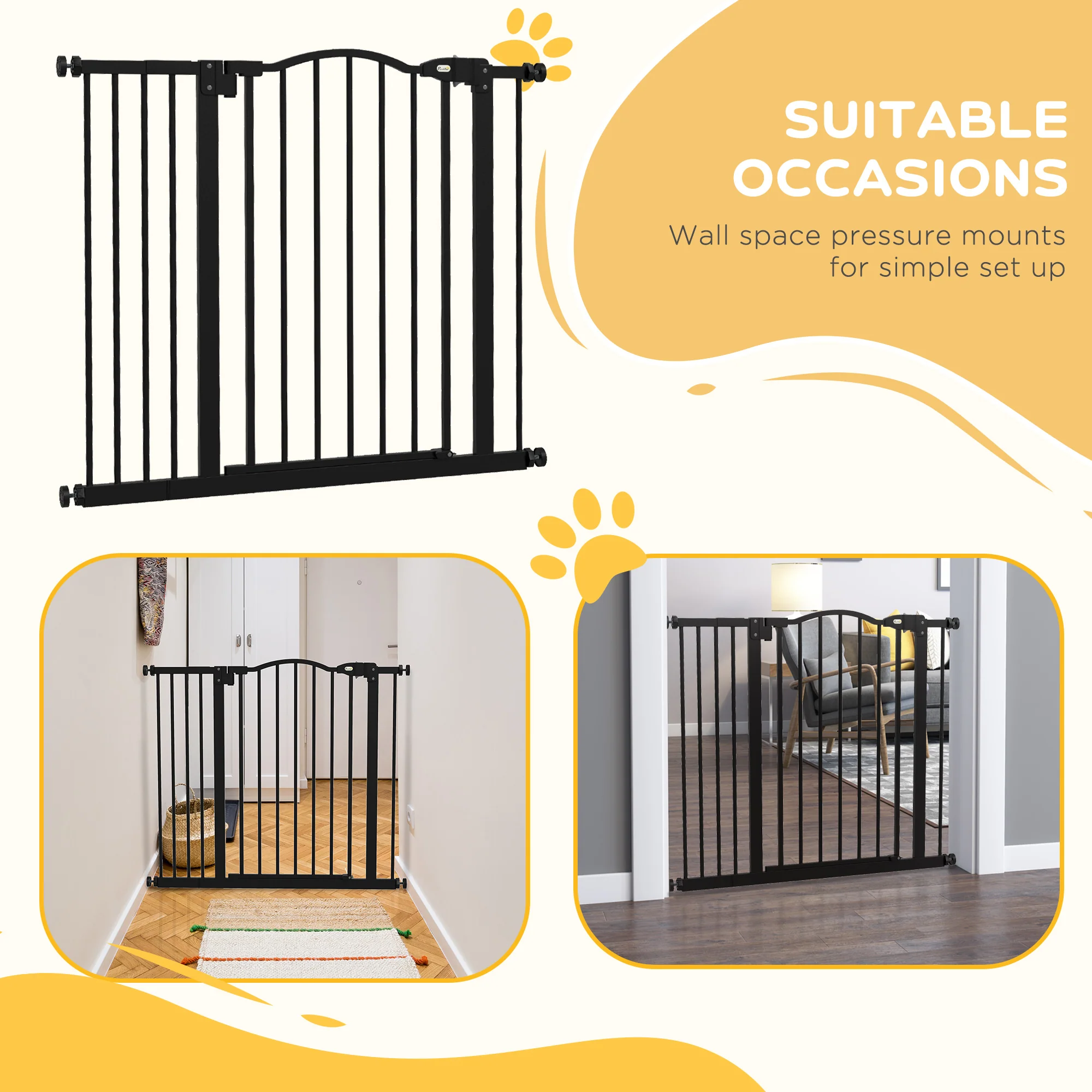 PawHut 74-94cm Adjustable Metal Pet Gate Safety Barrier w/ Auto-Close Black - Image 6