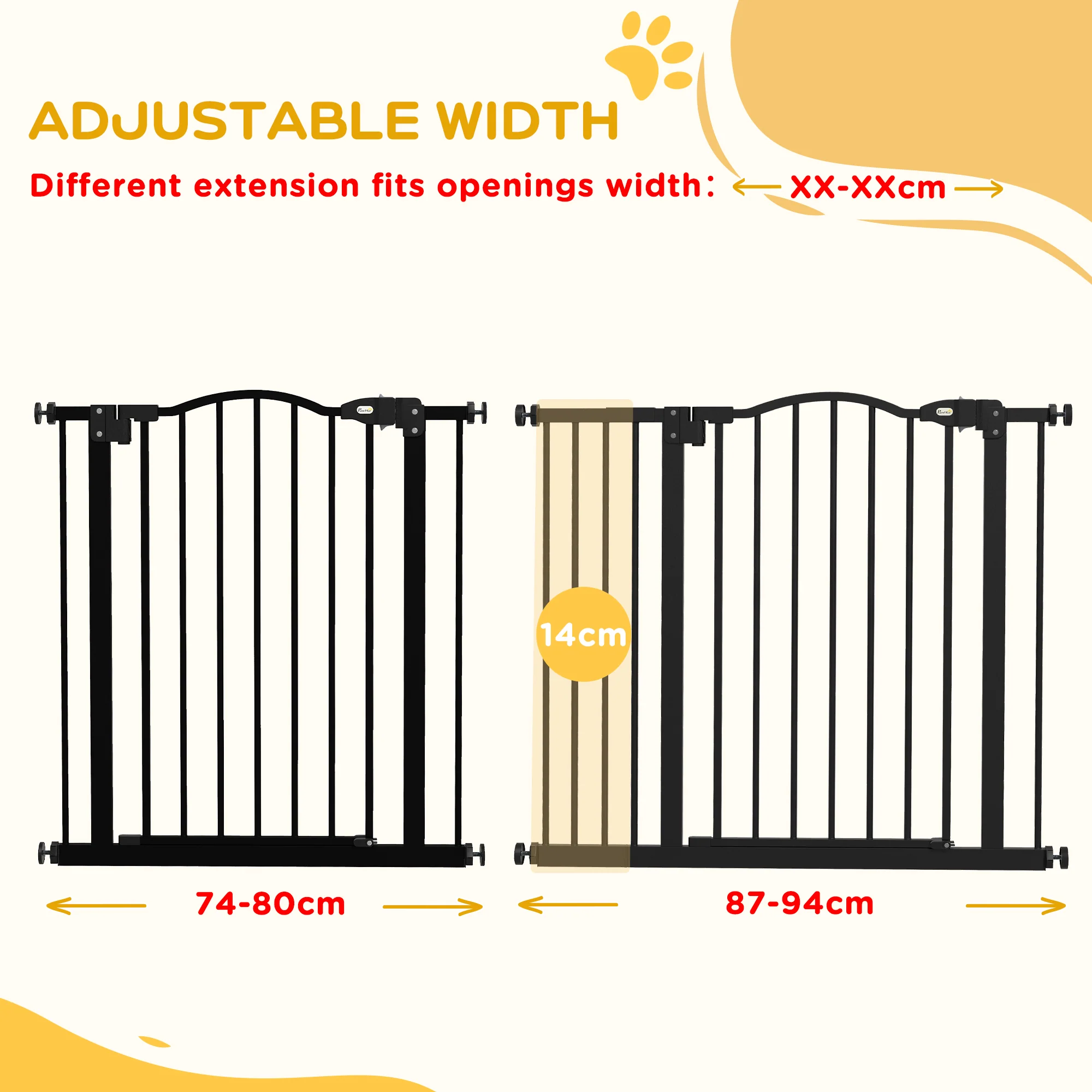 PawHut 74-94cm Adjustable Metal Pet Gate Safety Barrier w/ Auto-Close Black - Image 7