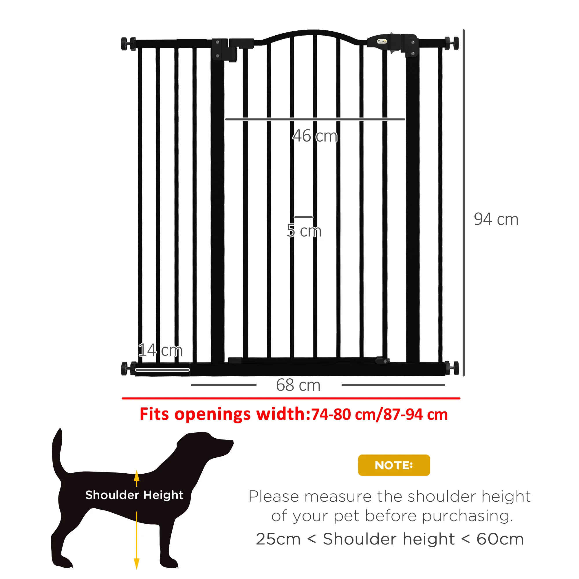 PawHut 74-94cm Adjustable Metal Pet Gate Safety Barrier w/ Auto-Close Door Black - Image 5