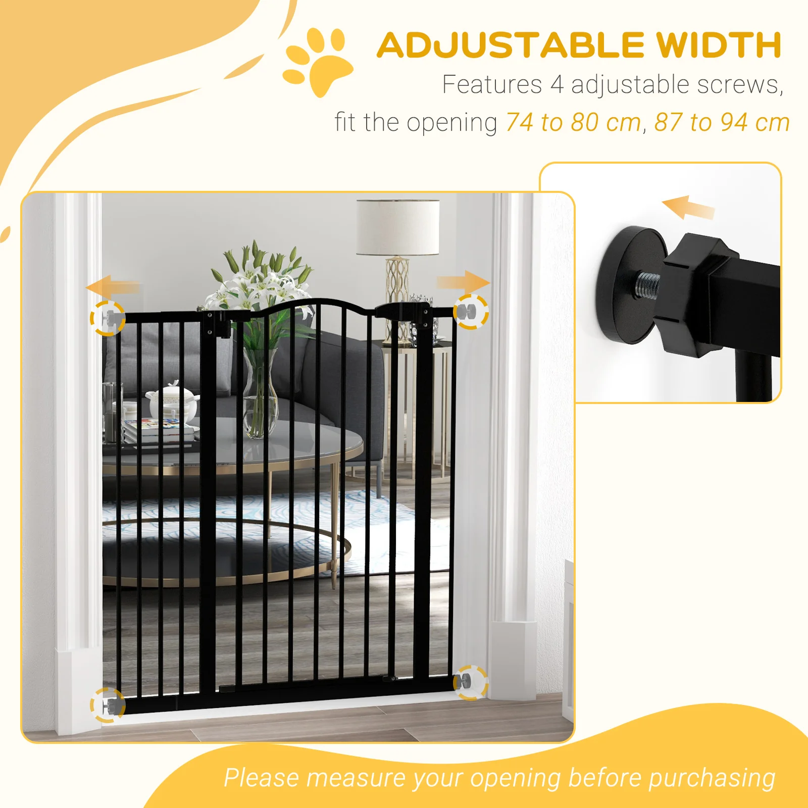 PawHut 74-94cm Adjustable Metal Pet Gate Safety Barrier w/ Auto-Close Door Black - Image 7