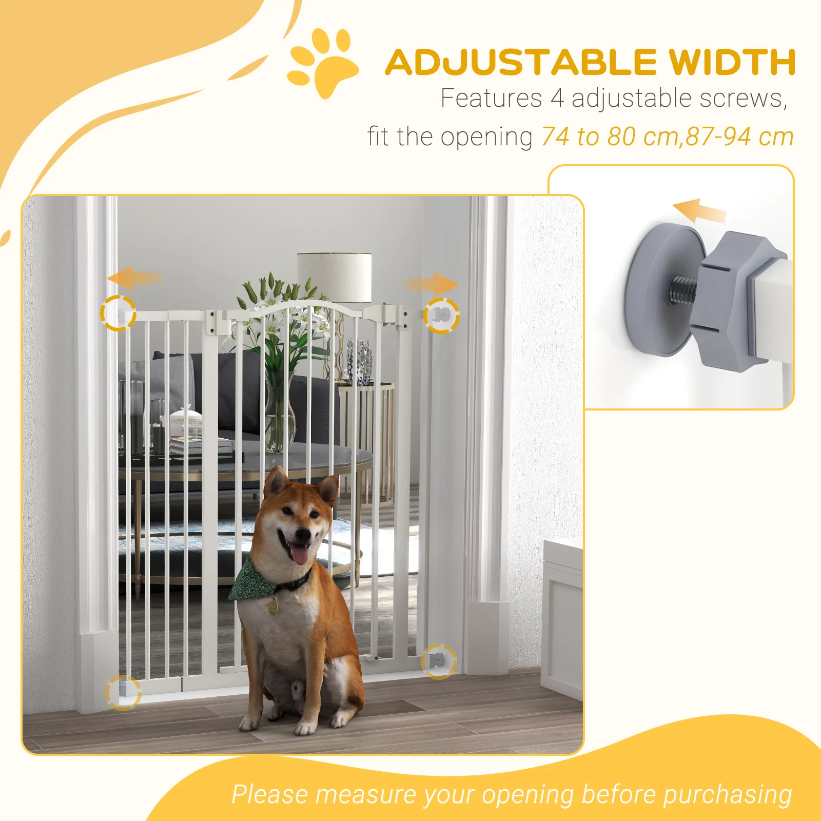 PawHut 74-94cm Adjustable Metal Pet Gate Safety Barrier w/ Auto-Close Door White - Image 7