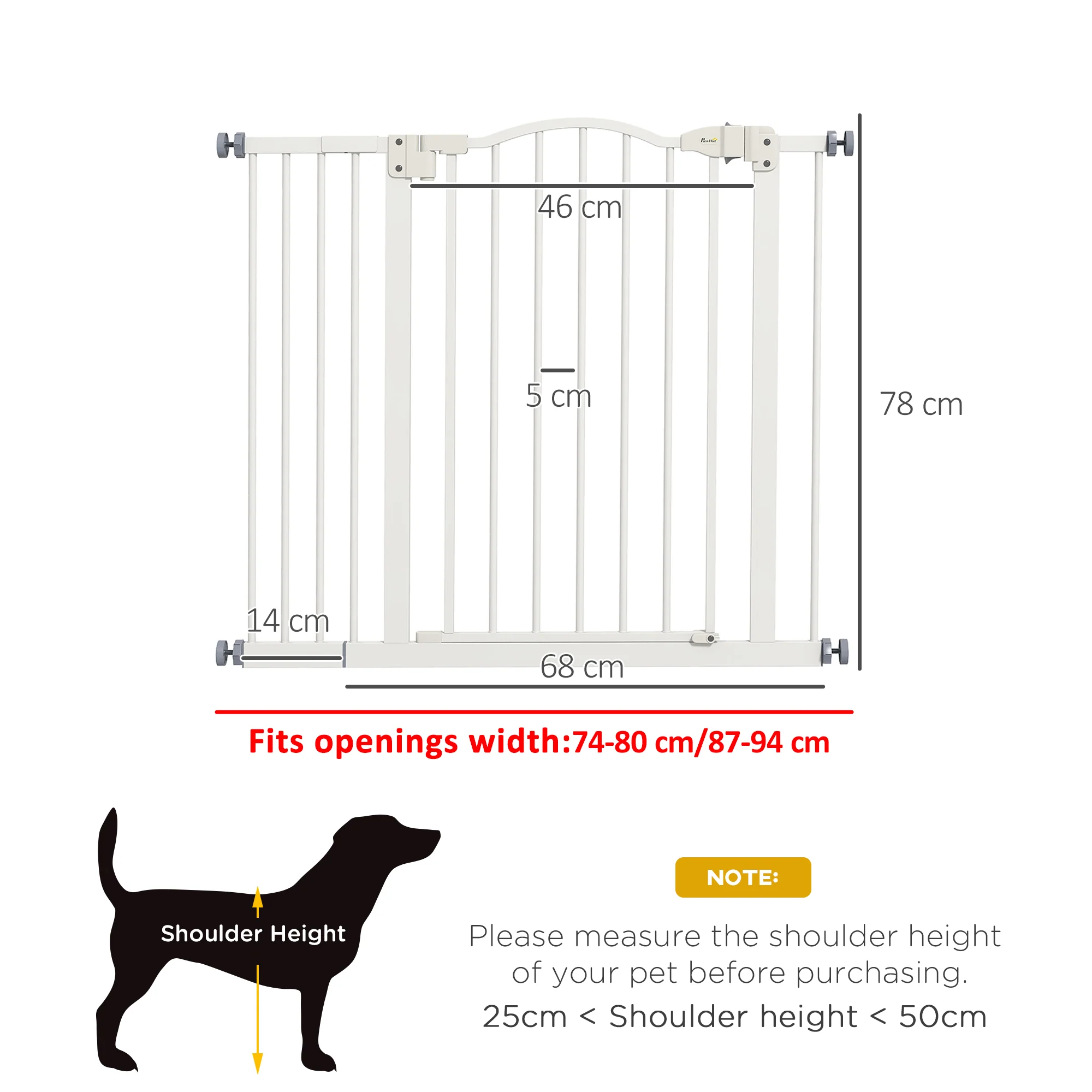 PawHut 74-94cm Adjustable Metal Pet Gate Safety Barrier w/ Auto-Close White - Image 5