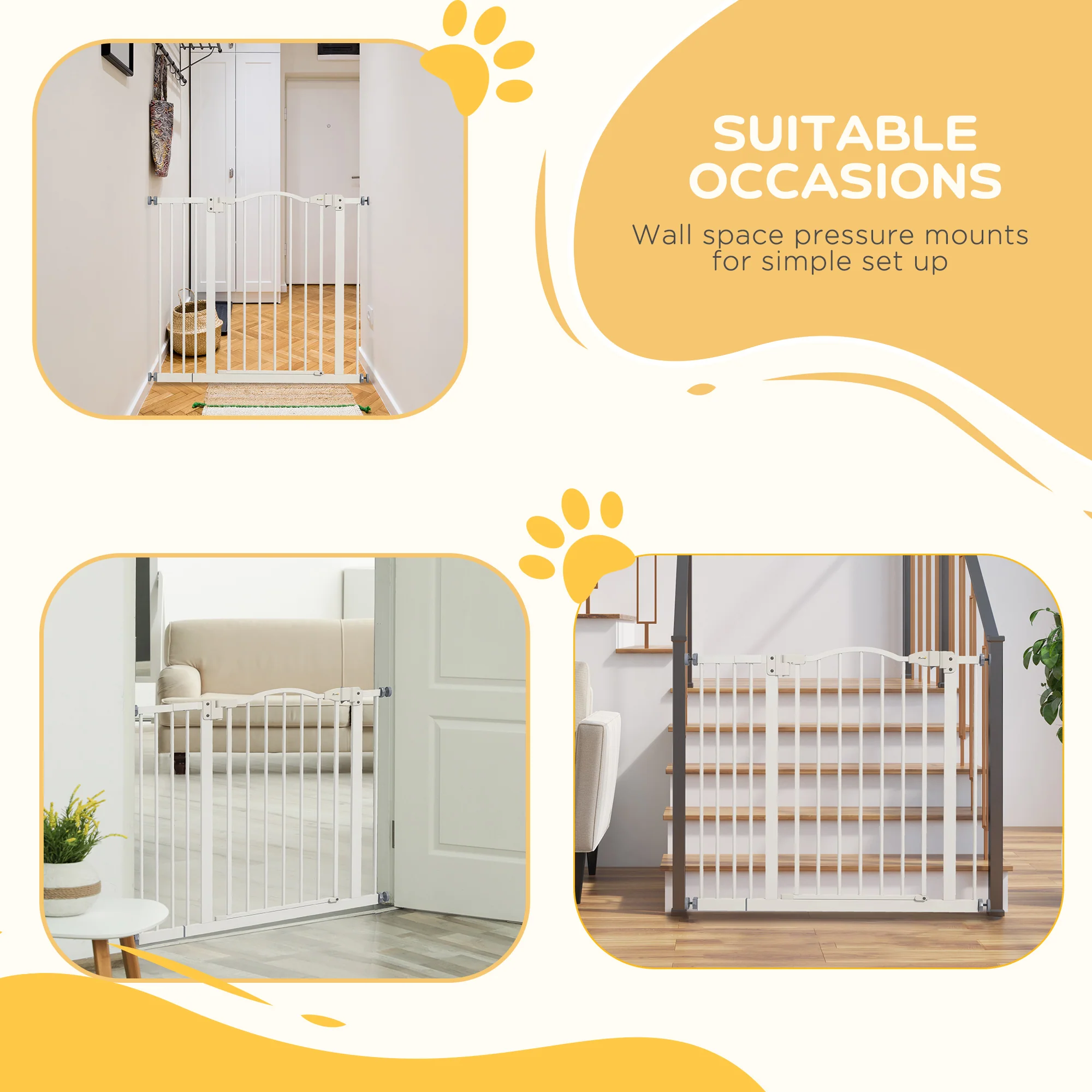 PawHut 74-94cm Adjustable Metal Pet Gate Safety Barrier w/ Auto-Close White - Image 6