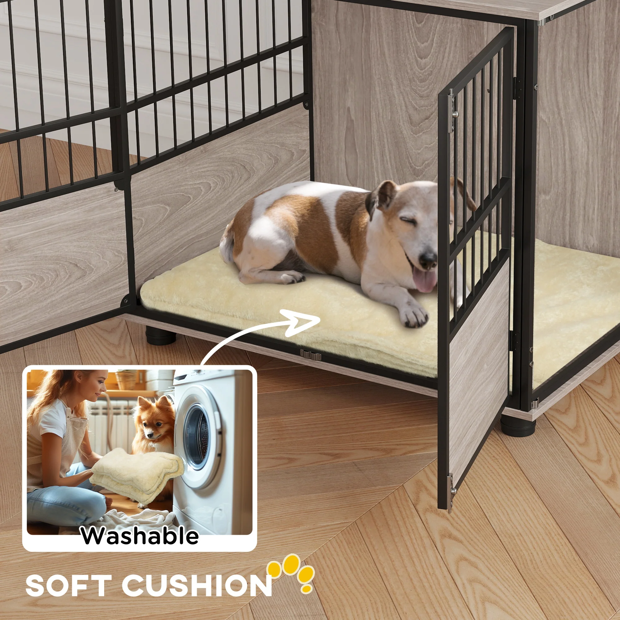 PawHut 80cm Dog Crate Furniture Dog Cage End Table Indoor w/ Doors, Cushion - Image 4