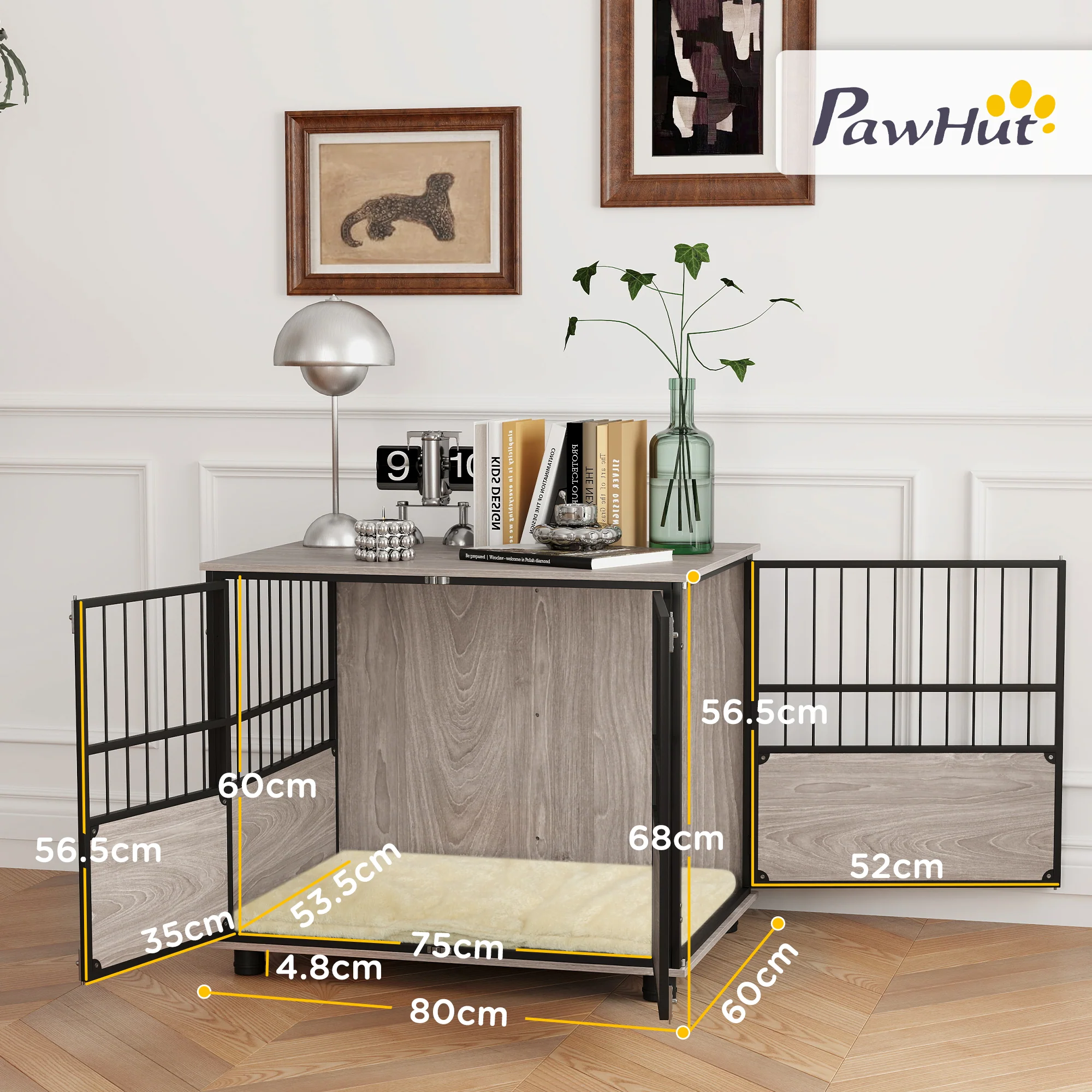 PawHut 80cm Dog Crate Furniture Dog Cage End Table Indoor w/ Doors, Cushion - Image 5