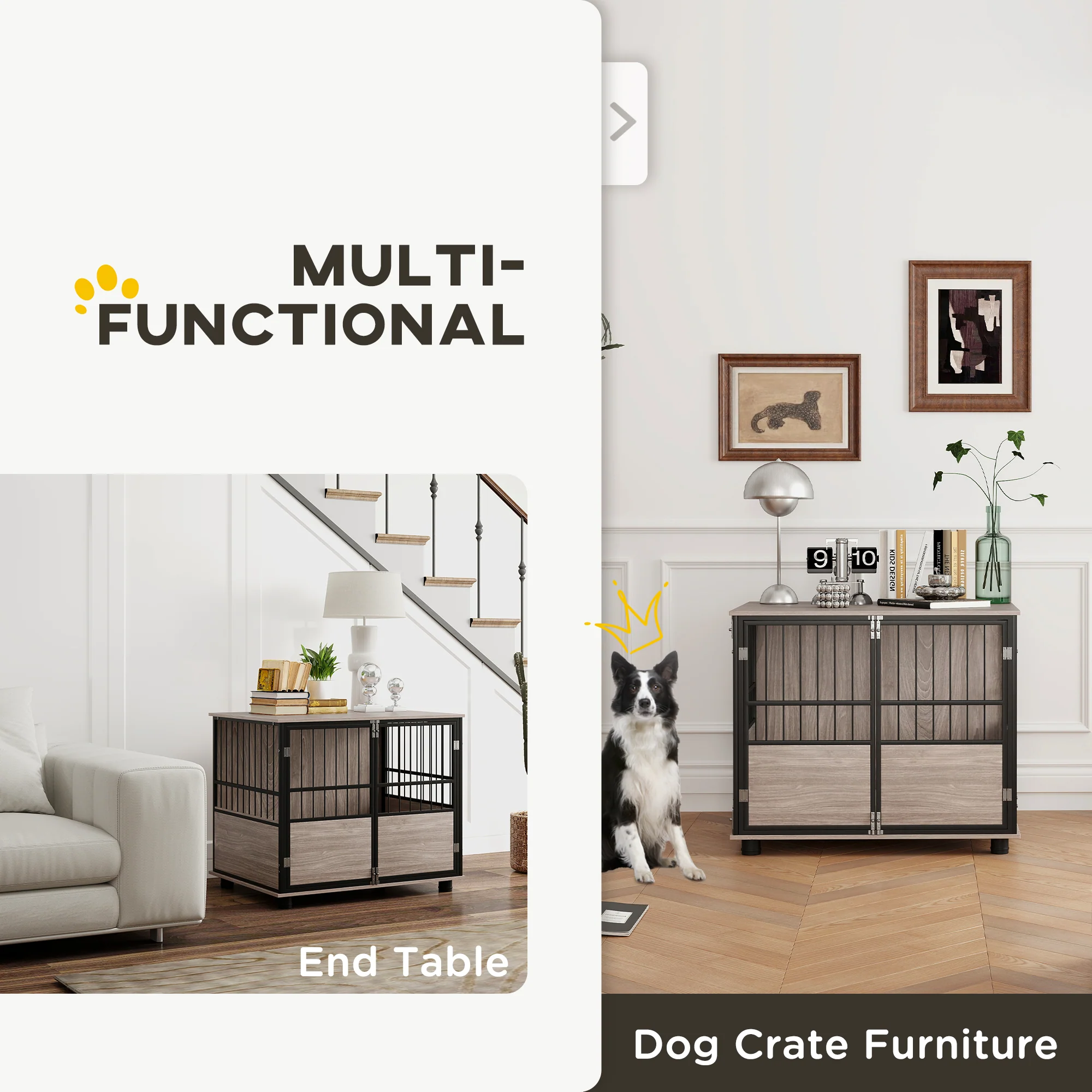 PawHut 80cm Dog Crate Furniture Dog Cage End Table Indoor w/ Doors, Cushion - Image 6