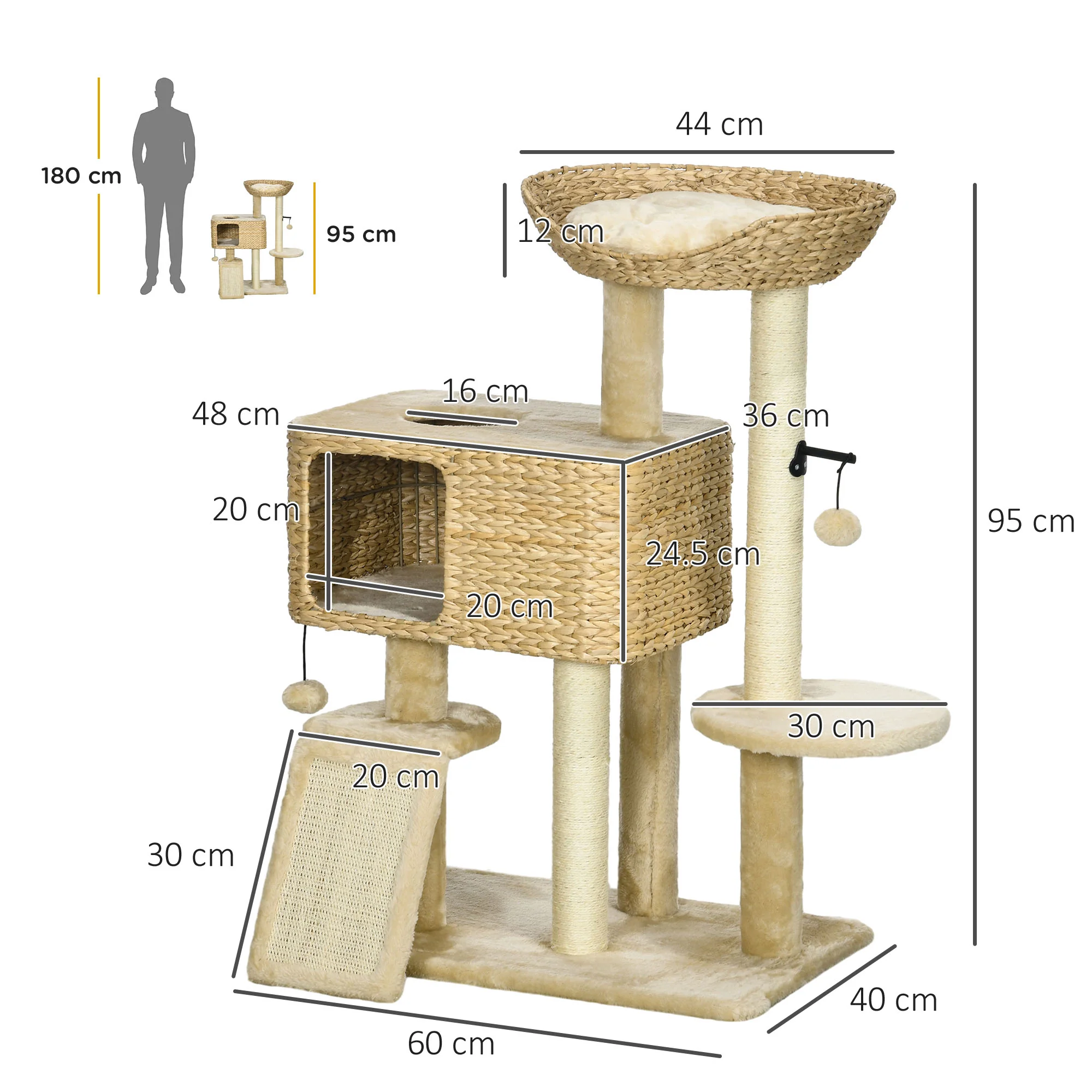 PawHut 95cm Cat Tree Tower W/ Scratching Post, Cat House, Ball, Platform - Beige - Image 3