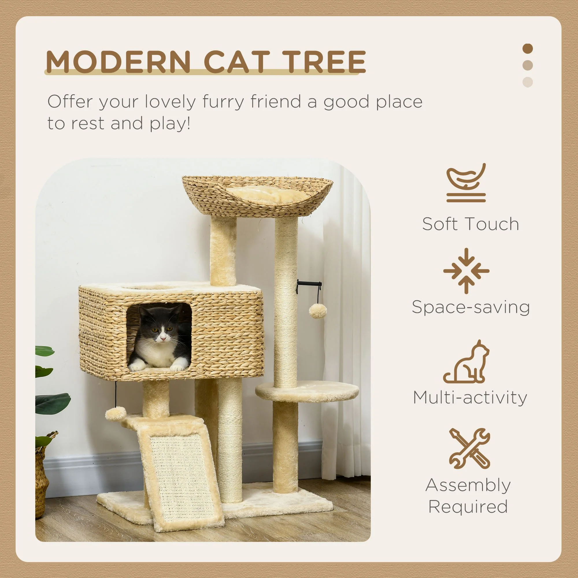 PawHut 95cm Cat Tree Tower W/ Scratching Post, Cat House, Ball, Platform - Beige - Image 4
