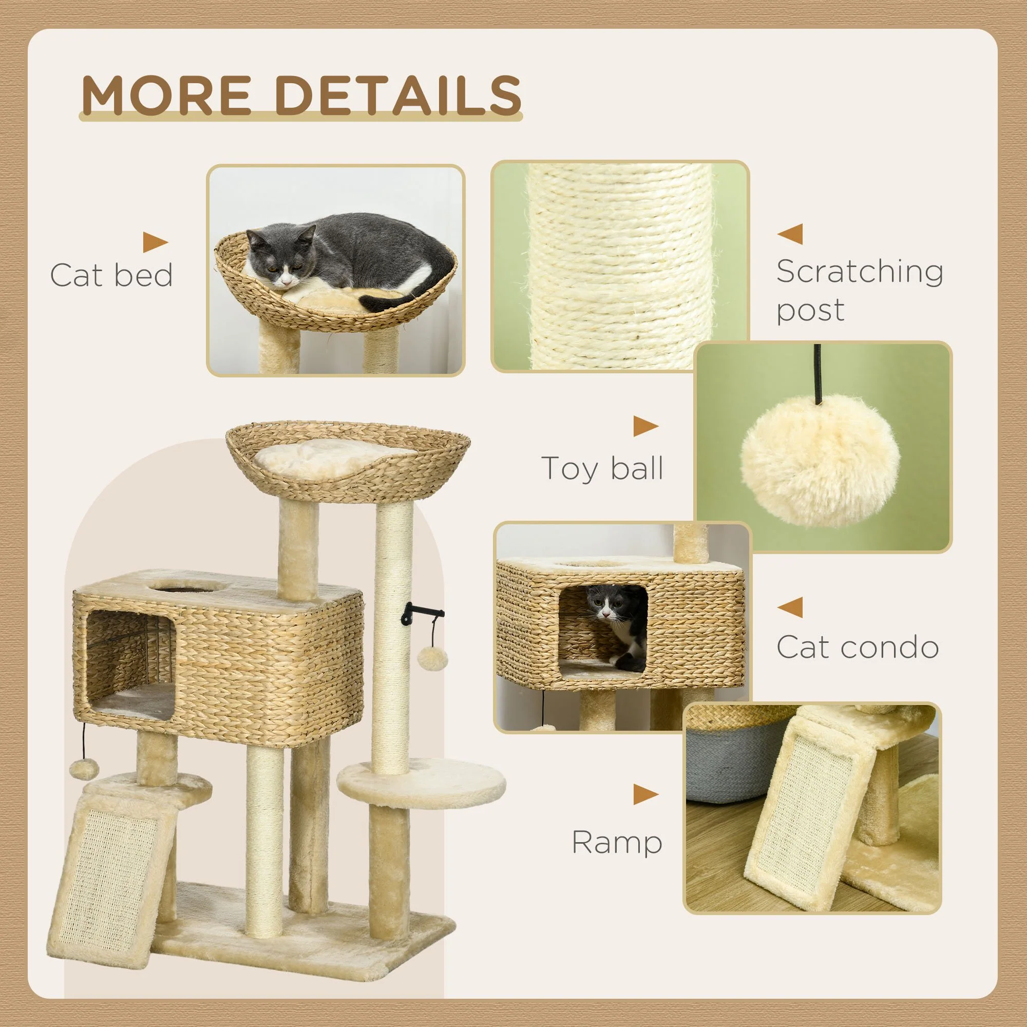 PawHut 95cm Cat Tree Tower W/ Scratching Post, Cat House, Ball, Platform - Beige - Image 5
