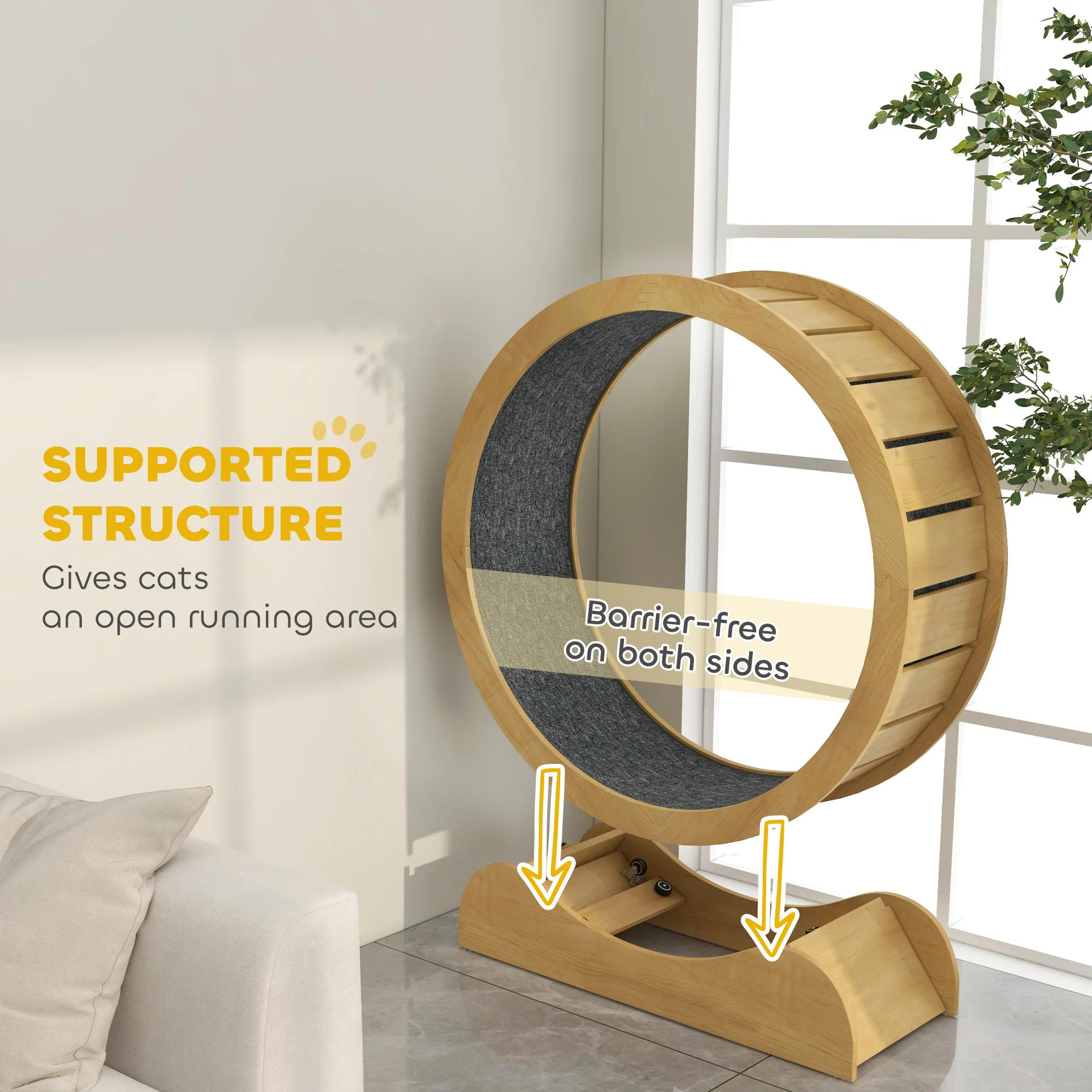 PawHut Cat Treadmill, 39.4 Inch Wooden Cat Running Wheel With Brake - White/Natural Wood Finish - Image 13