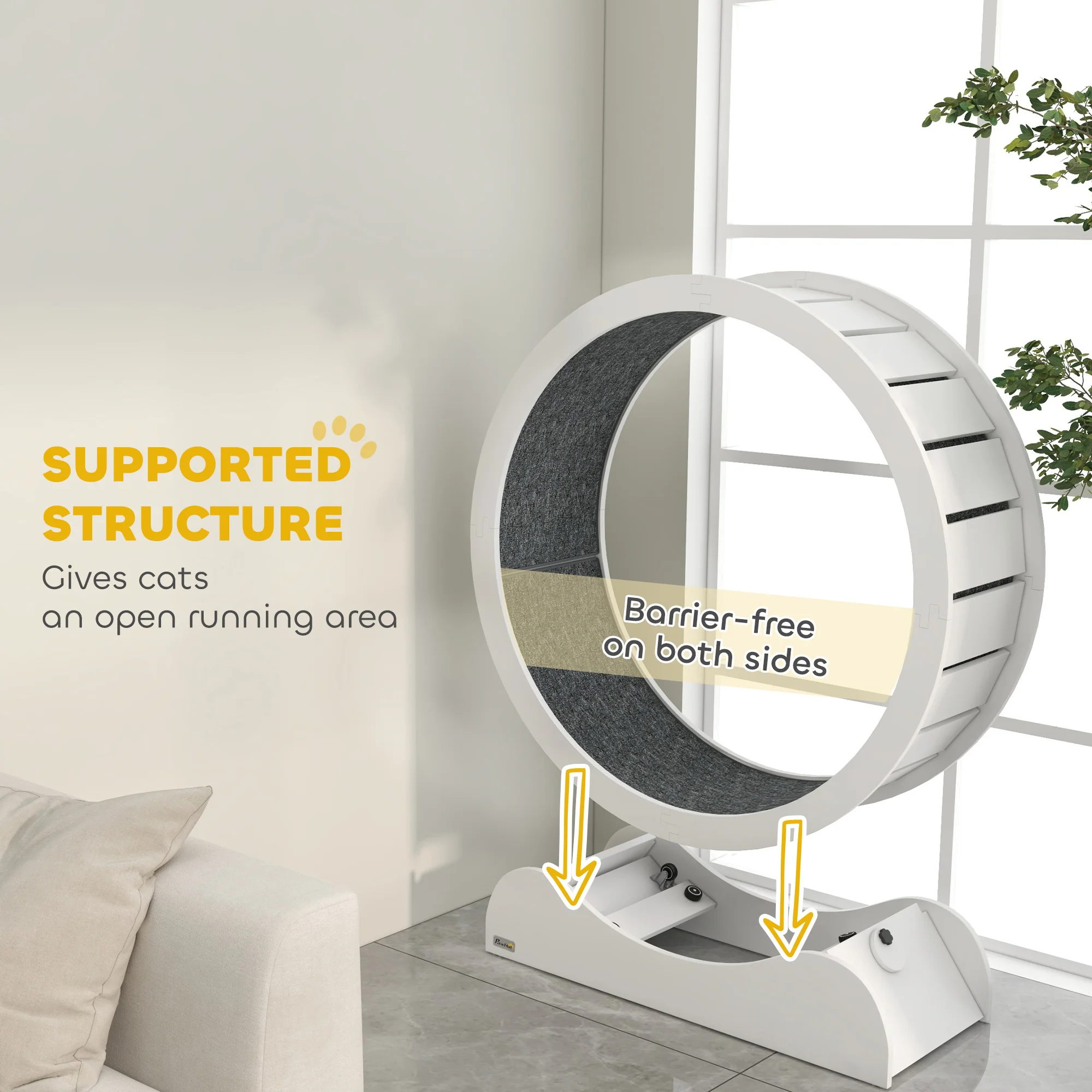 PawHut Cat Treadmill, 39.4 Inch Wooden Cat Running Wheel With Brake - White/Natural Wood Finish - Image 4