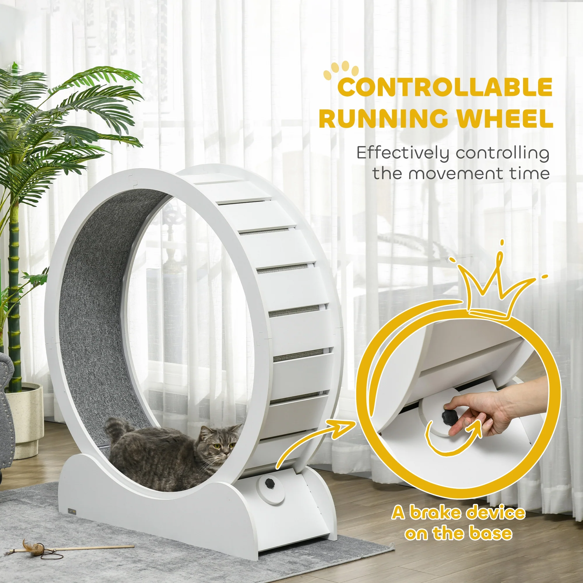 PawHut Cat Treadmill, 39.4 Inch Wooden Cat Running Wheel With Brake - White/Natural Wood Finish - Image 6