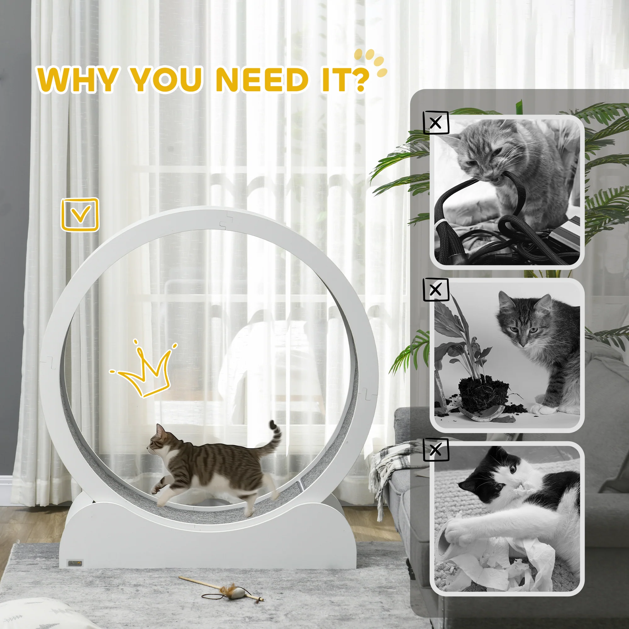 PawHut Cat Treadmill, 39.4 Inch Wooden Cat Running Wheel With Brake - White/Natural Wood Finish - Image 7