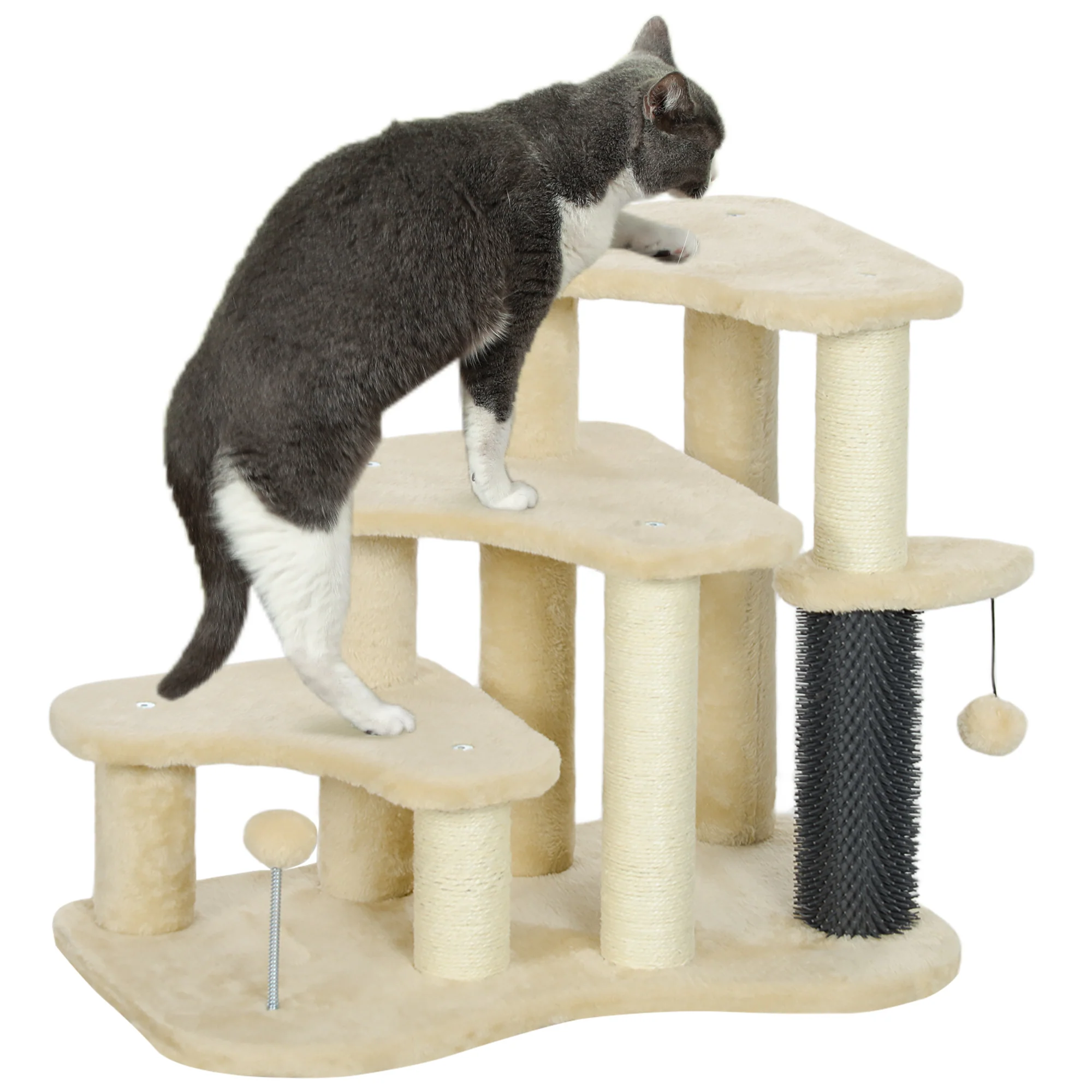PawHut Cat Tree 2 In 1 Pet Stairs W/ Scratching Tickling Post, Light Grey/Cream White - Image 10