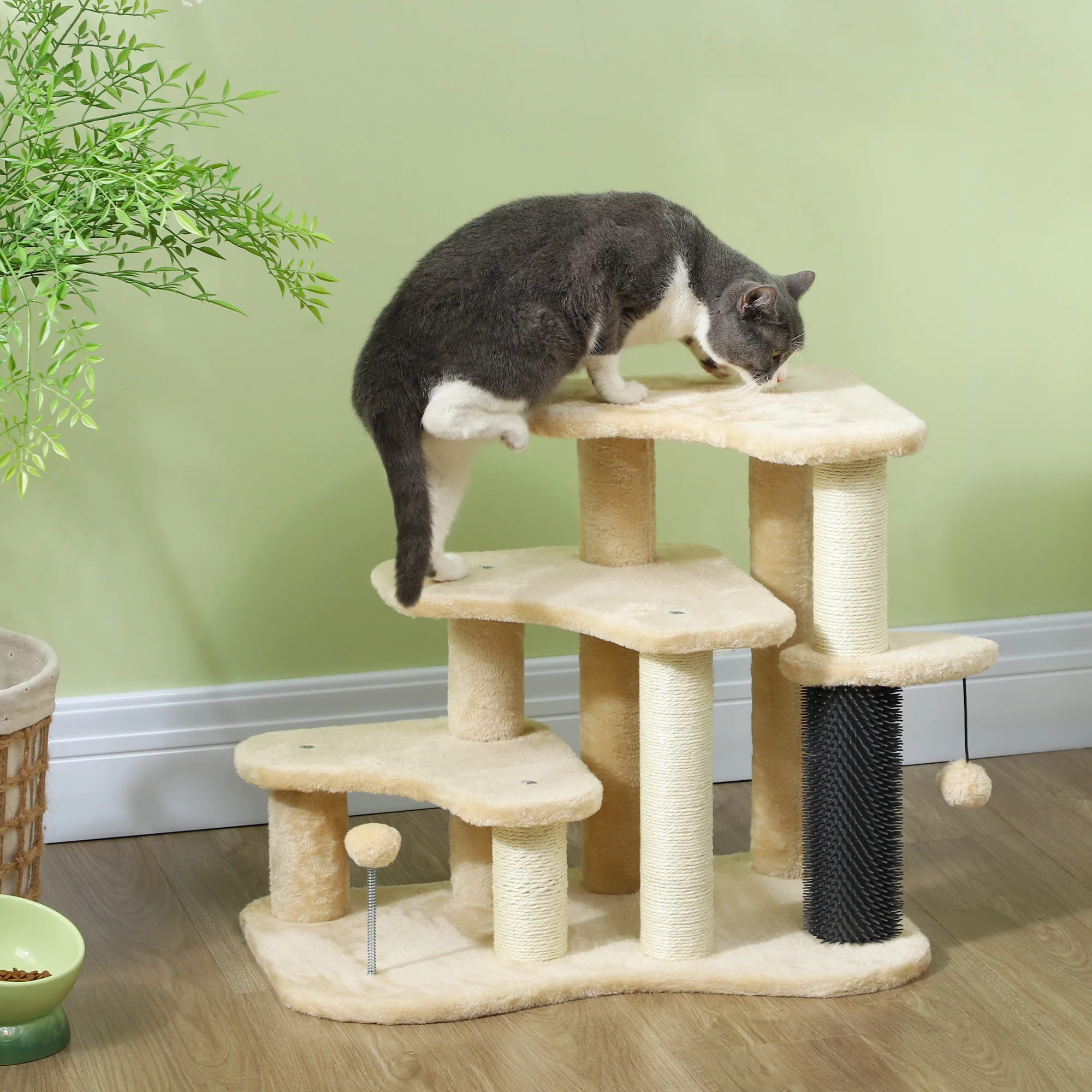 PawHut Cat Tree 2 In 1 Pet Stairs W/ Scratching Tickling Post, Light Grey/Cream White - Image 11