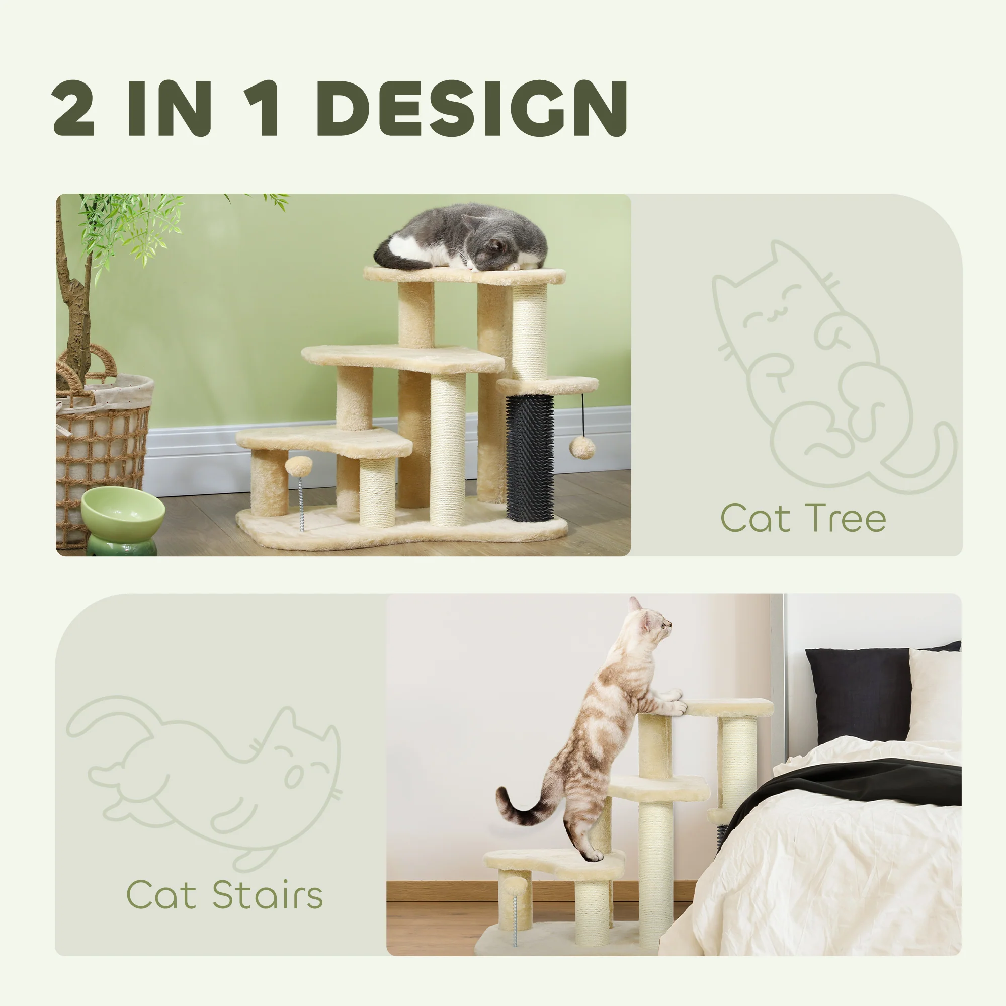 PawHut Cat Tree 2 In 1 Pet Stairs W/ Scratching Tickling Post, Light Grey/Cream White - Image 12