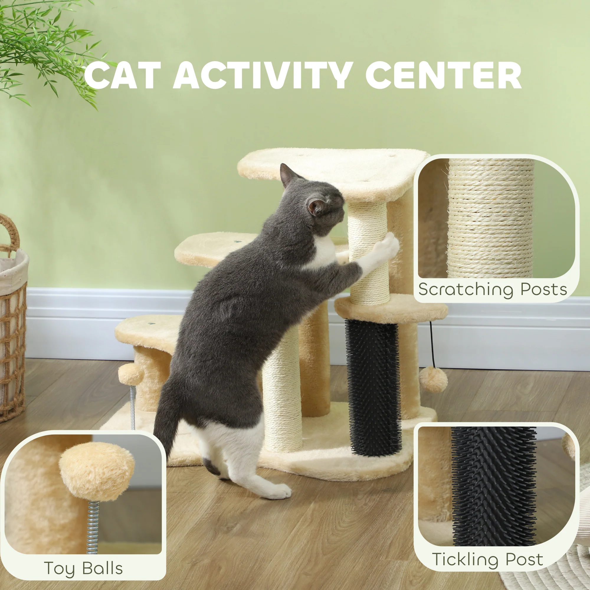 PawHut Cat Tree 2 In 1 Pet Stairs W/ Scratching Tickling Post, Light Grey/Cream White - Image 13