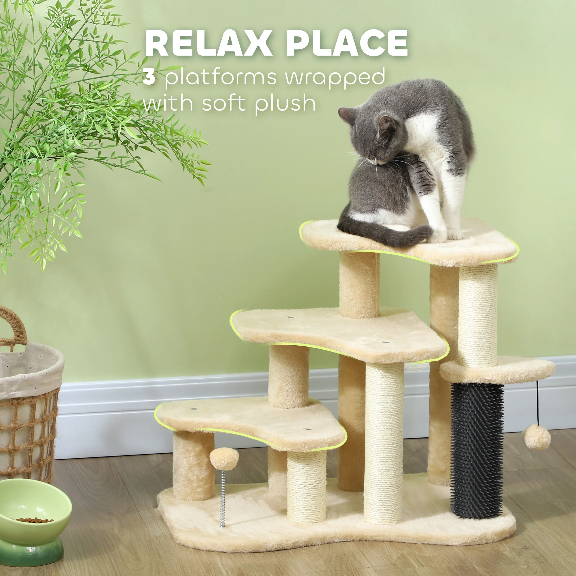 PawHut Cat Tree 2 In 1 Pet Stairs W/ Scratching Tickling Post, Light Grey/Cream White - Image 14