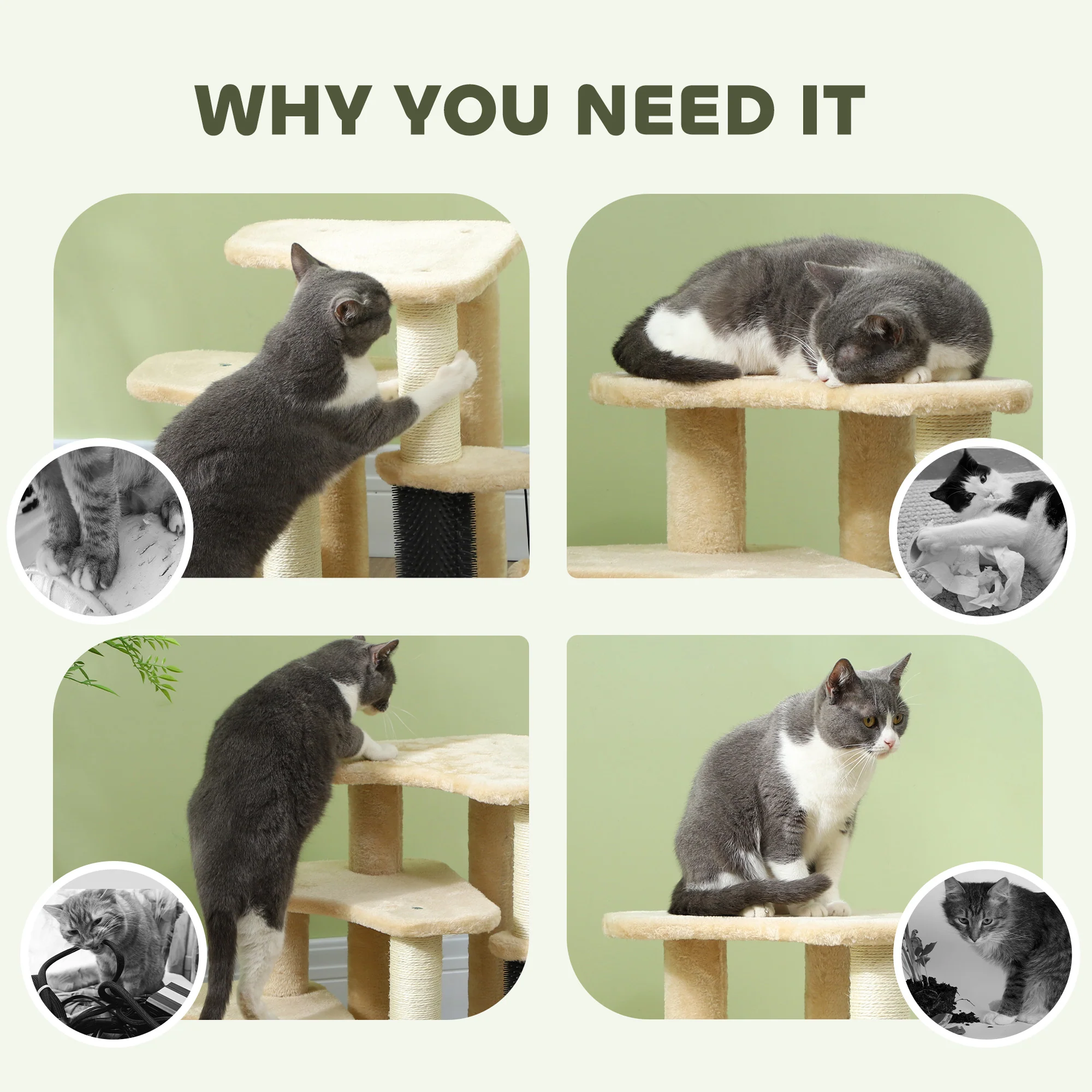 PawHut Cat Tree 2 In 1 Pet Stairs W/ Scratching Tickling Post, Light Grey/Cream White - Image 15