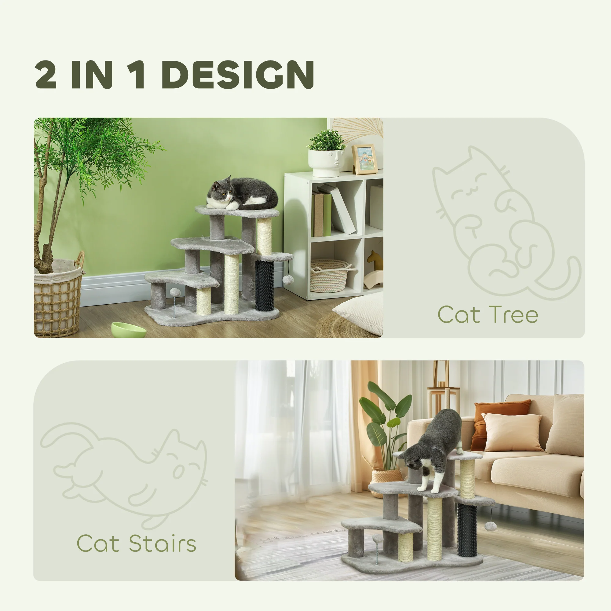 PawHut Cat Tree 2 In 1 Pet Stairs W/ Scratching Tickling Post, Light Grey/Cream White - Image 3