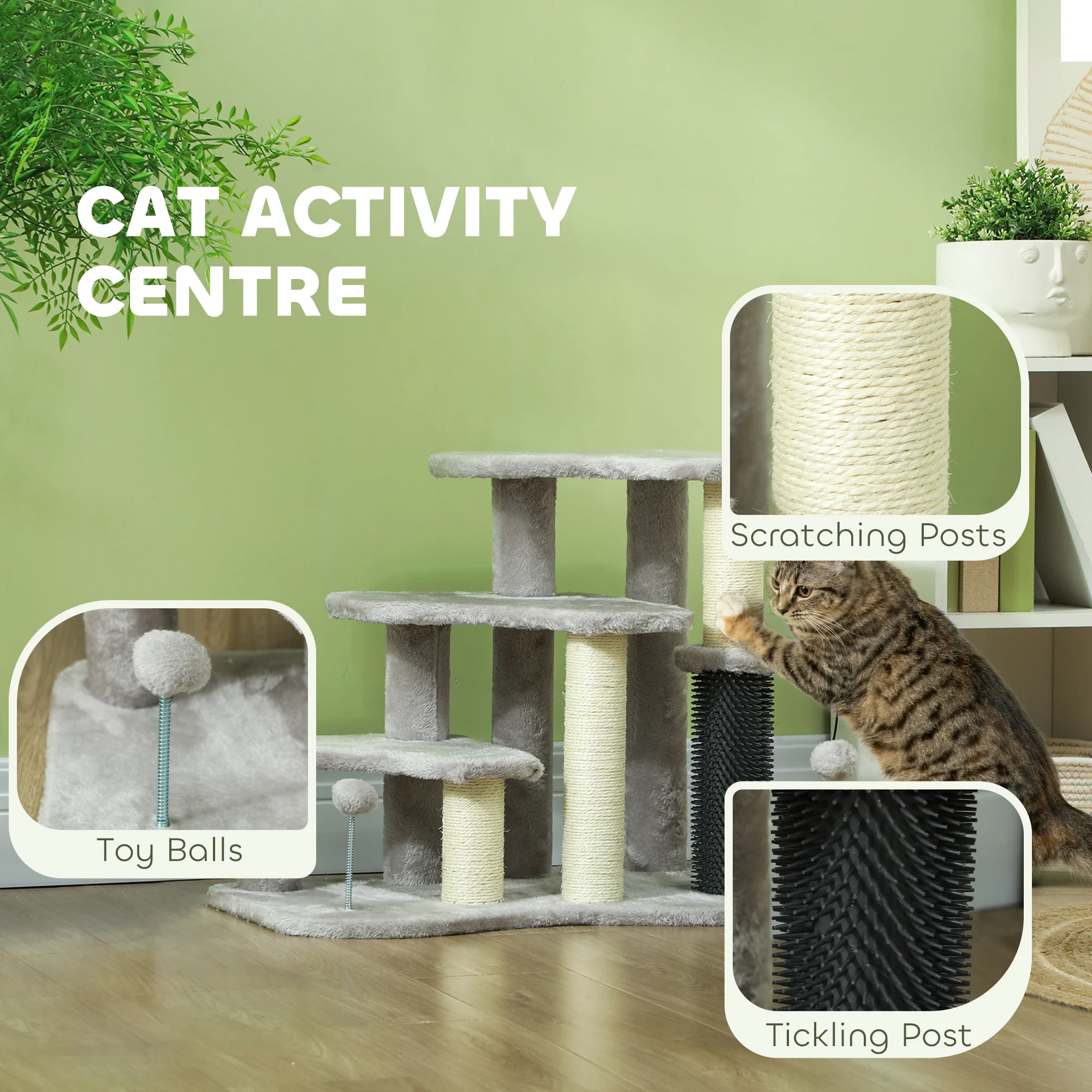 PawHut Cat Tree 2 In 1 Pet Stairs W/ Scratching Tickling Post, Light Grey/Cream White - Image 4