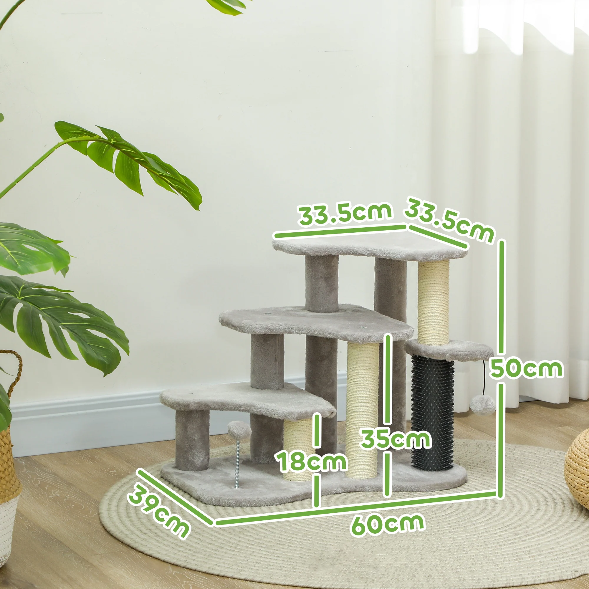 PawHut Cat Tree 2 In 1 Pet Stairs W/ Scratching Tickling Post, Light Grey/Cream White - Image 5