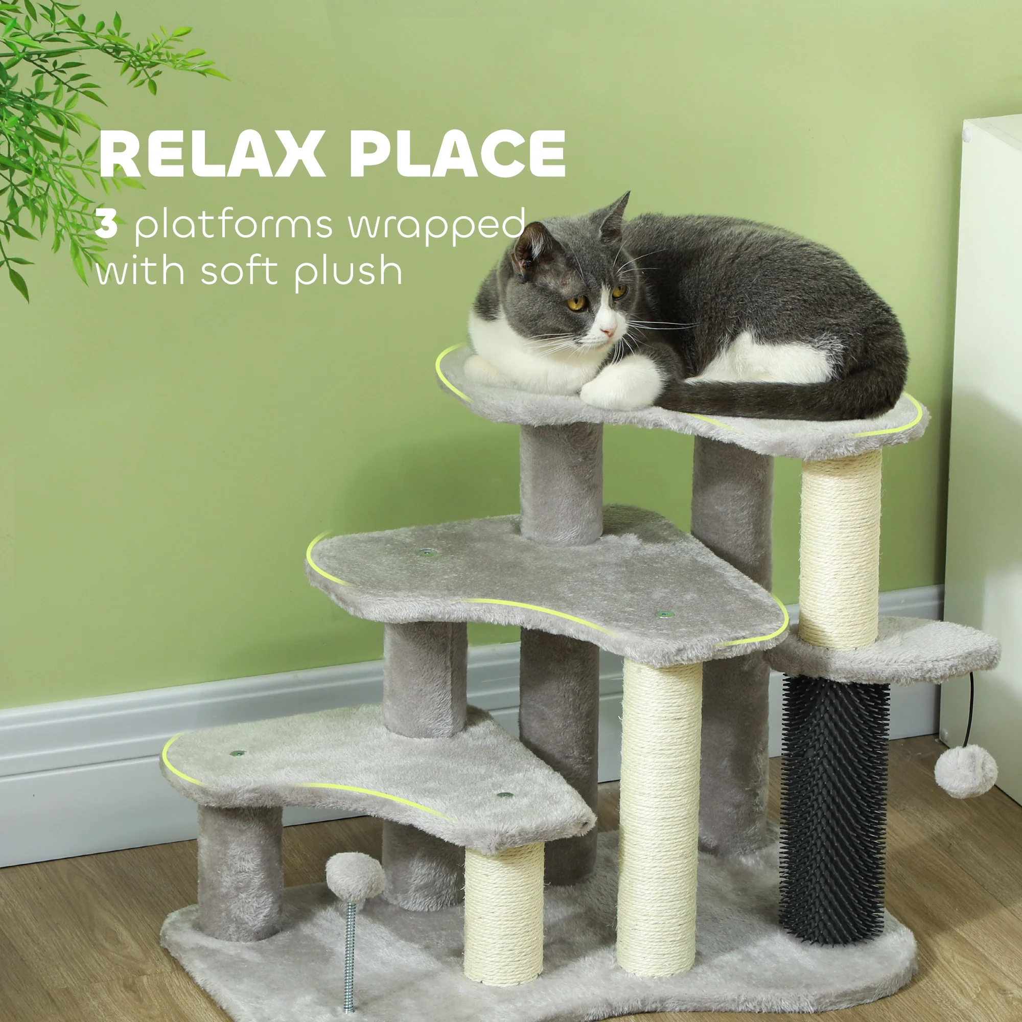 PawHut Cat Tree 2 In 1 Pet Stairs W/ Scratching Tickling Post, Light Grey/Cream White - Image 6