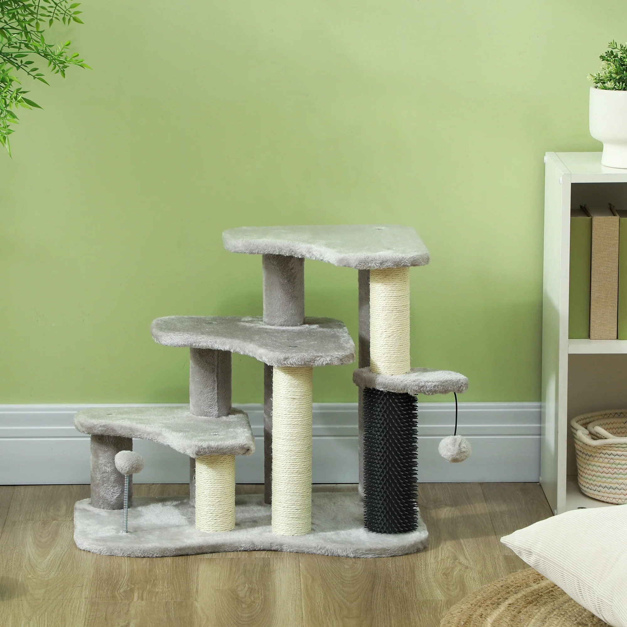 PawHut Cat Tree 2 In 1 Pet Stairs W/ Scratching Tickling Post, Light Grey/Cream White - Image 9
