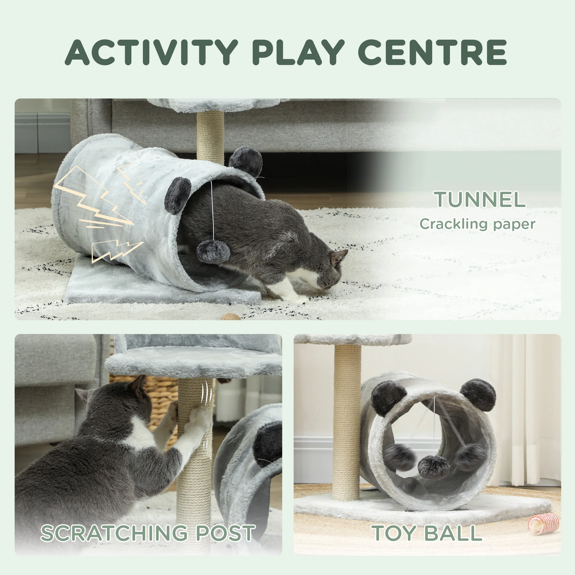 PawHut Cat Tree W/ Scratching Post, Bed, Cat Tunnel, Toy Ball - Image 12