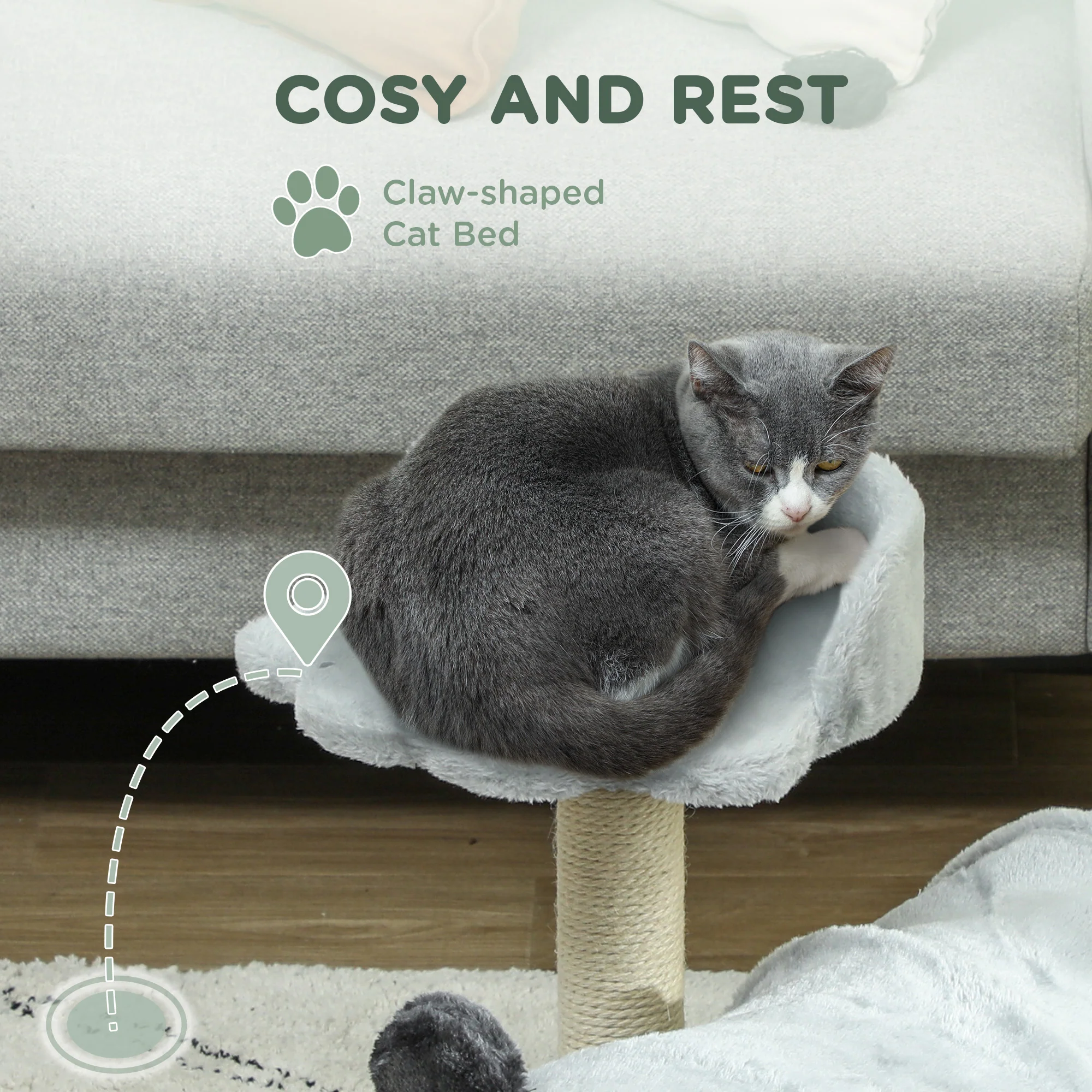 PawHut Cat Tree W/ Scratching Post, Bed, Cat Tunnel, Toy Ball - Image 13