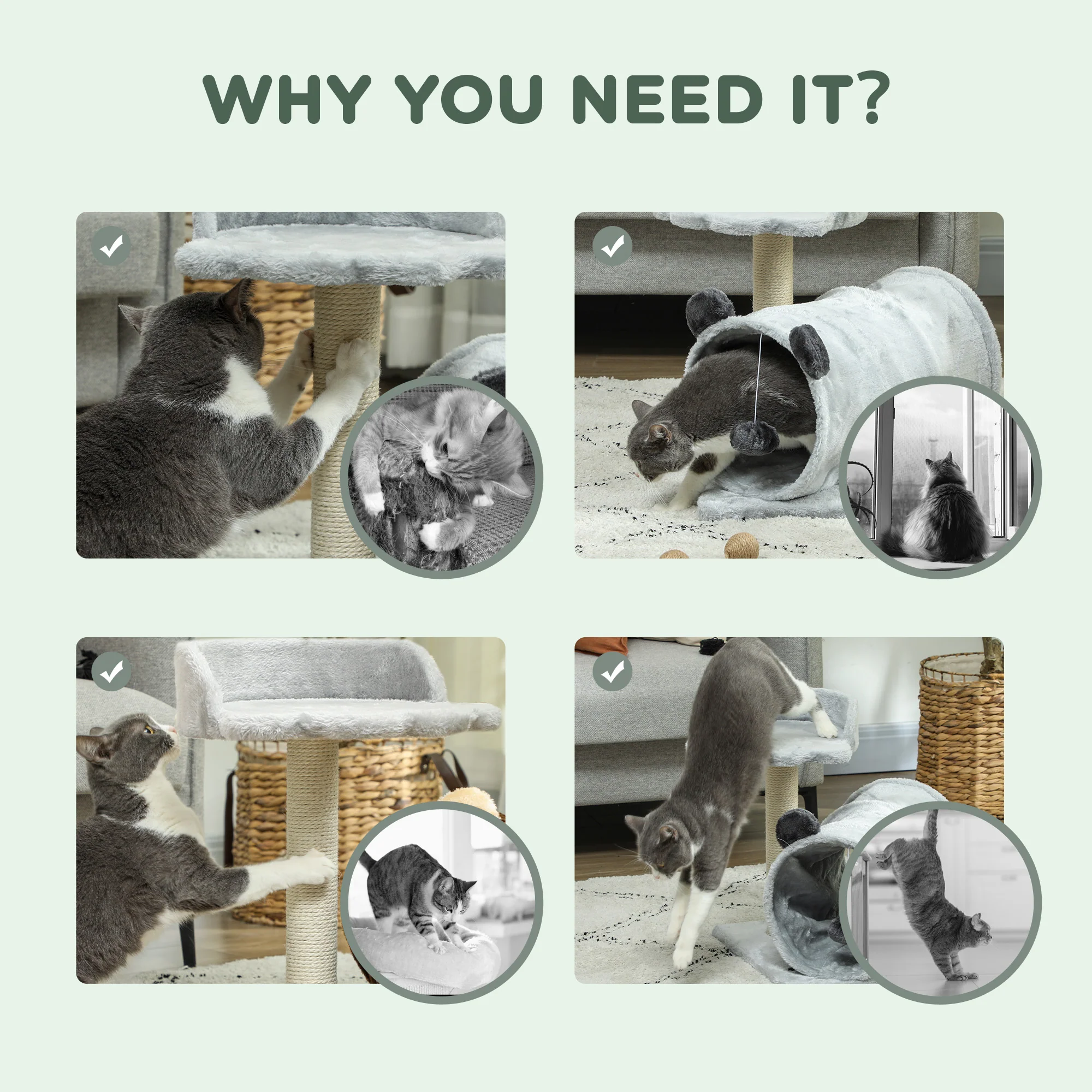 PawHut Cat Tree W/ Scratching Post, Bed, Cat Tunnel, Toy Ball - Image 15