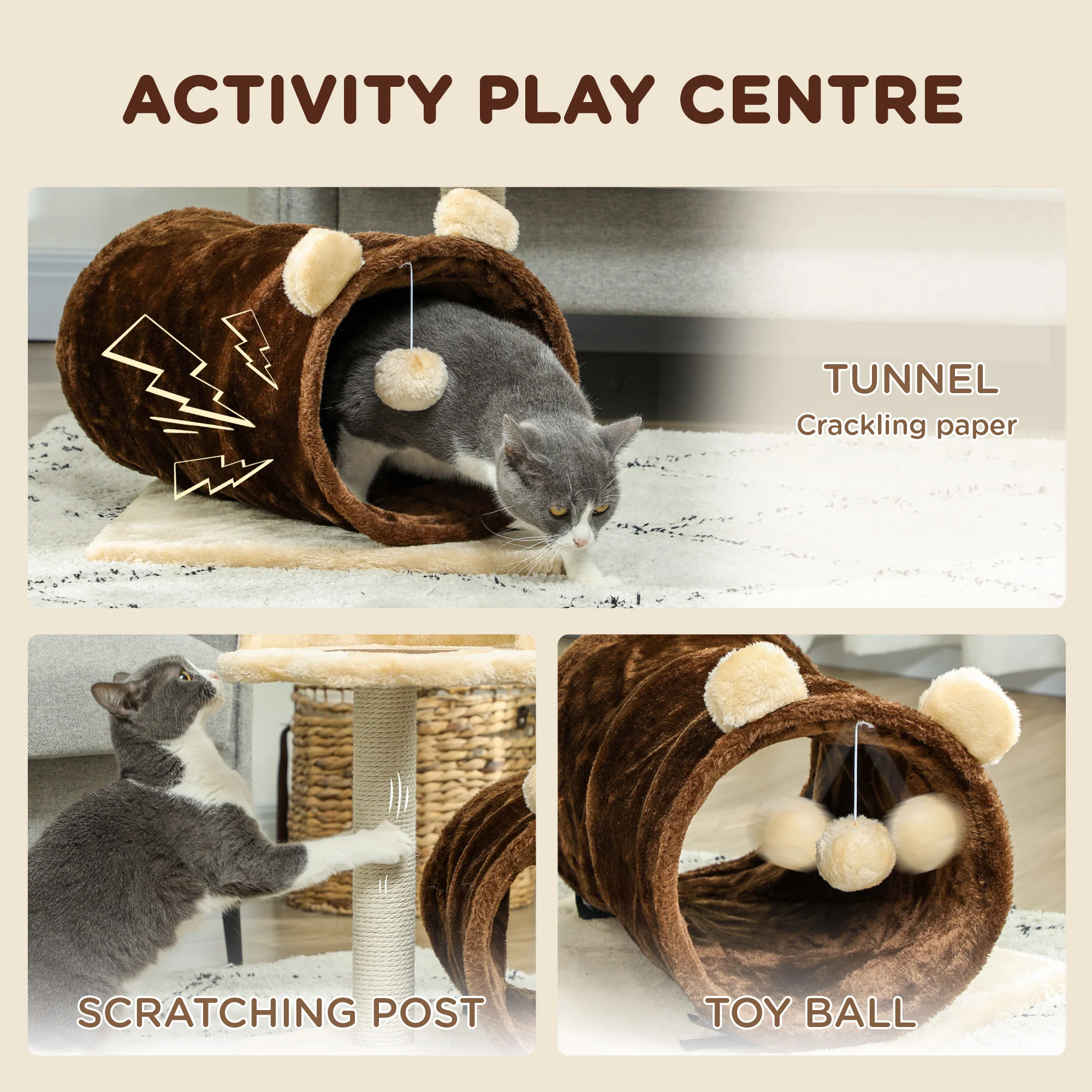 PawHut Cat Tree W/ Scratching Post, Bed, Cat Tunnel, Toy Ball - Image 3