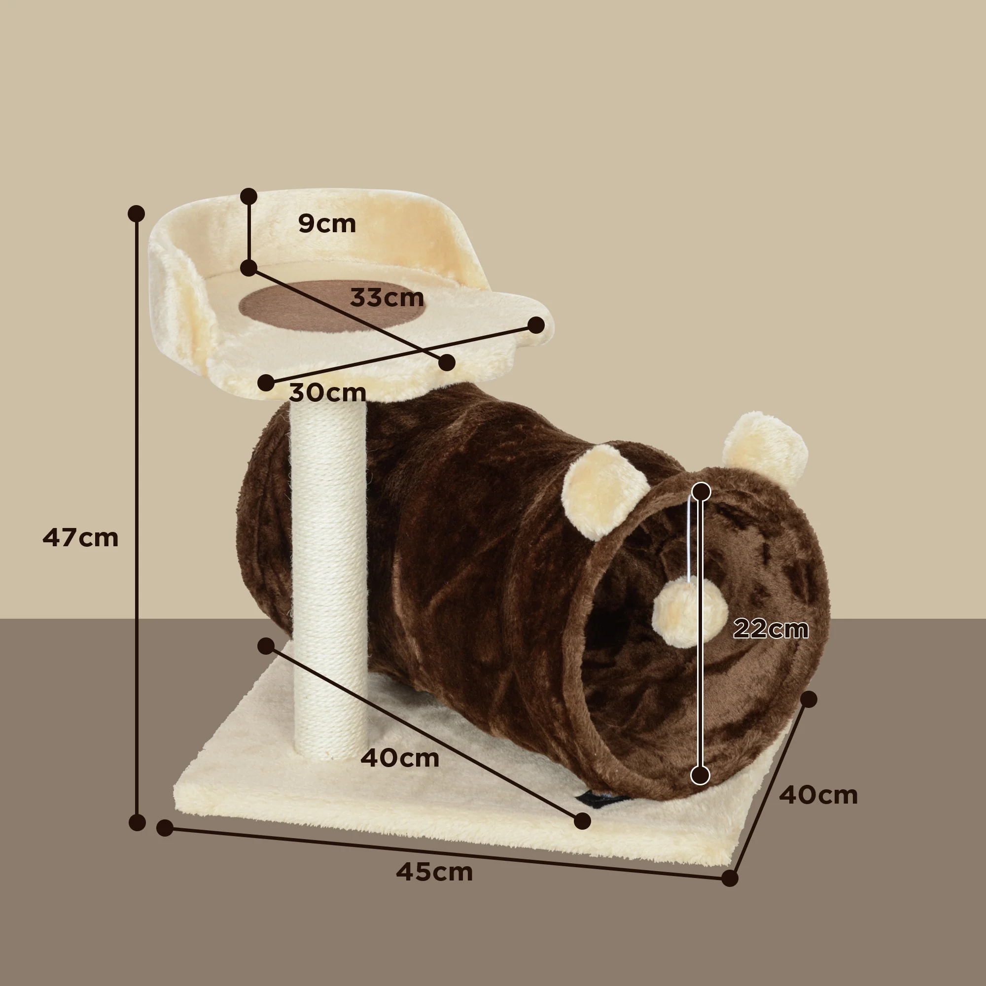 PawHut Cat Tree W/ Scratching Post, Bed, Cat Tunnel, Toy Ball - Image 5