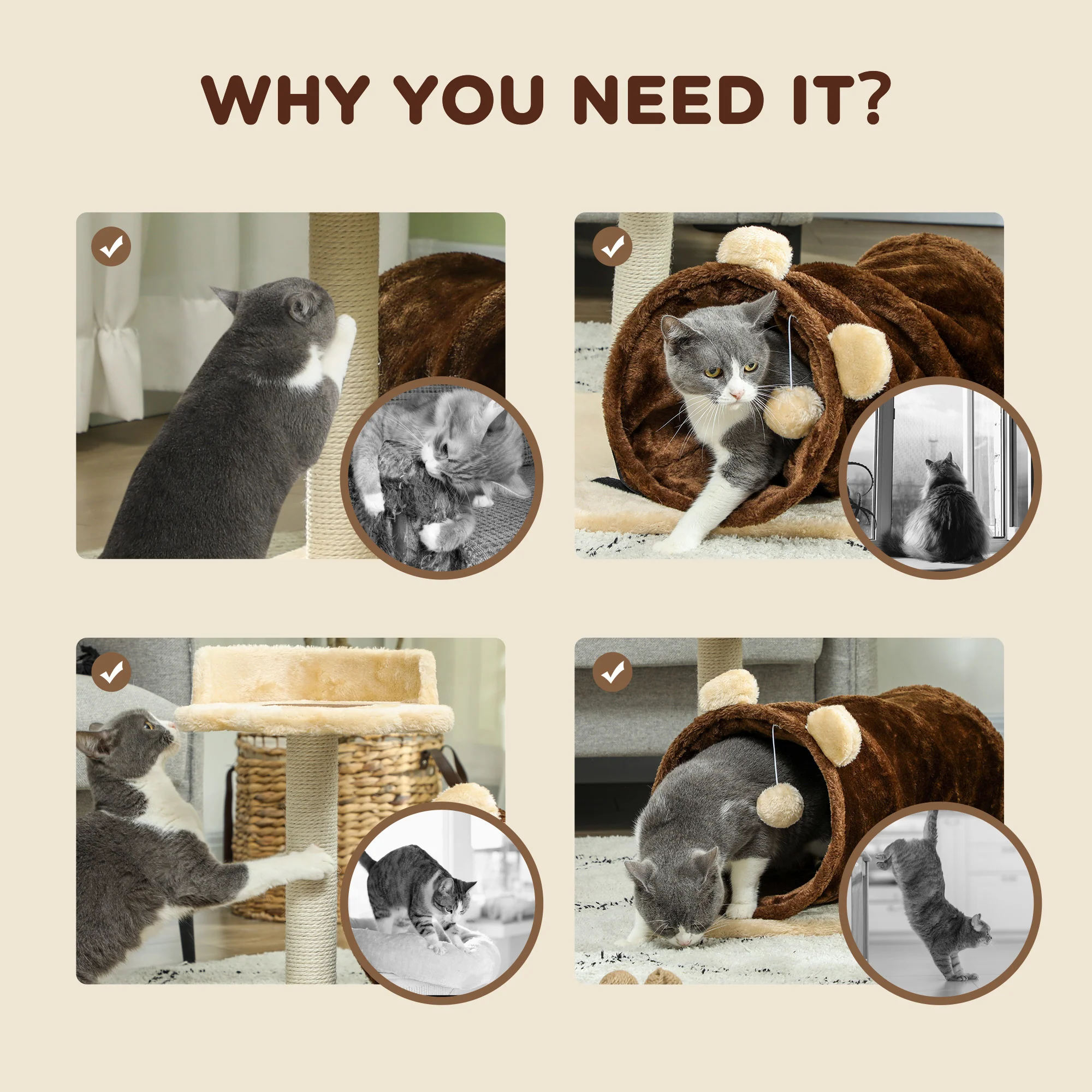 PawHut Cat Tree W/ Scratching Post, Bed, Cat Tunnel, Toy Ball - Image 6