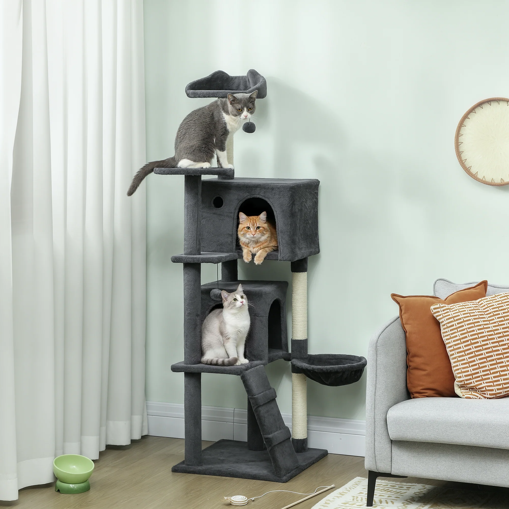 PawHut Cat Tree With Sisal Scratching Posts, Cat Houses, Dark Grey - Image 11