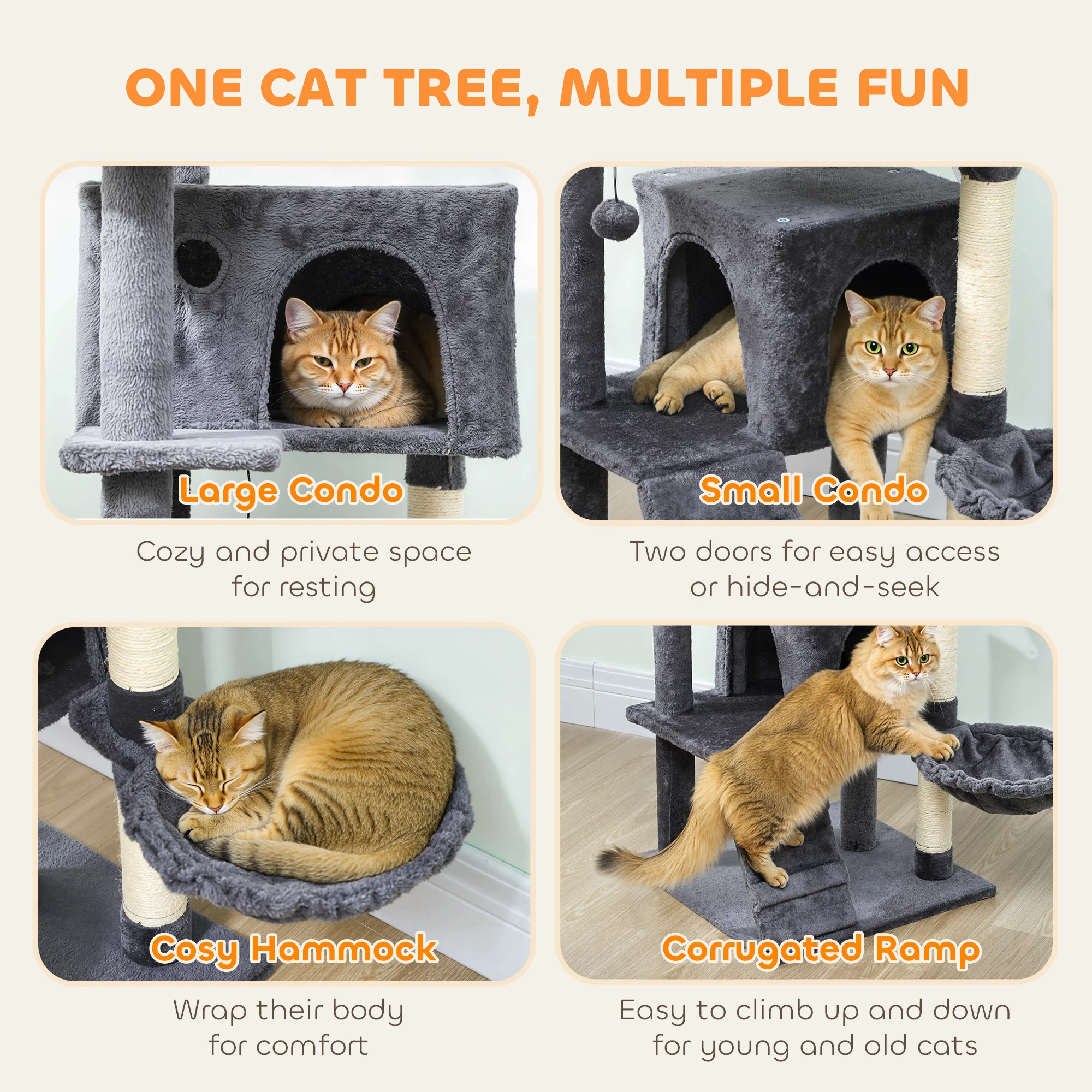 PawHut Cat Tree With Sisal Scratching Posts, Cat Houses, Dark Grey - Image 12