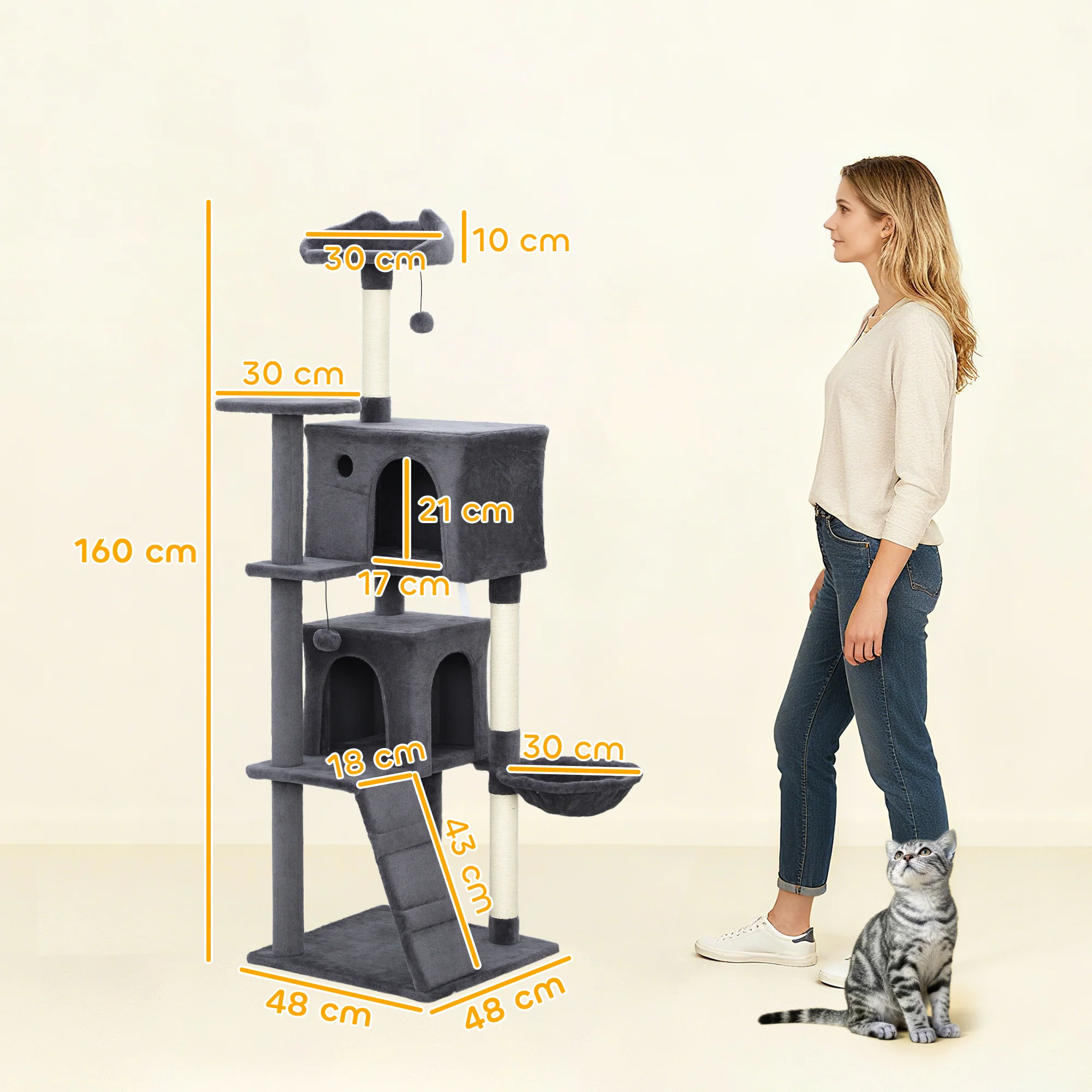 PawHut Cat Tree With Sisal Scratching Posts, Cat Houses, Dark Grey - Image 14