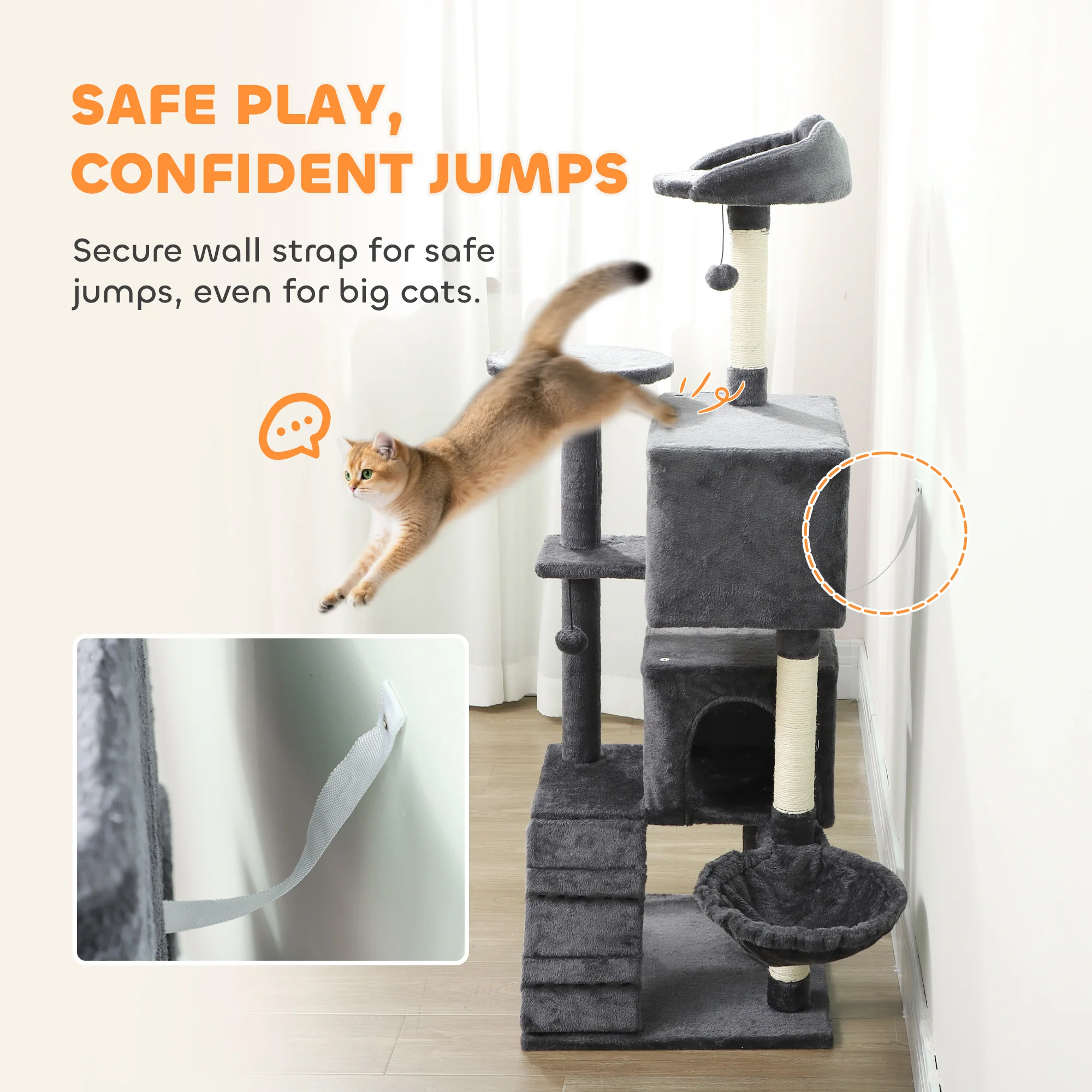 PawHut Cat Tree With Sisal Scratching Posts, Cat Houses, Dark Grey - Image 15